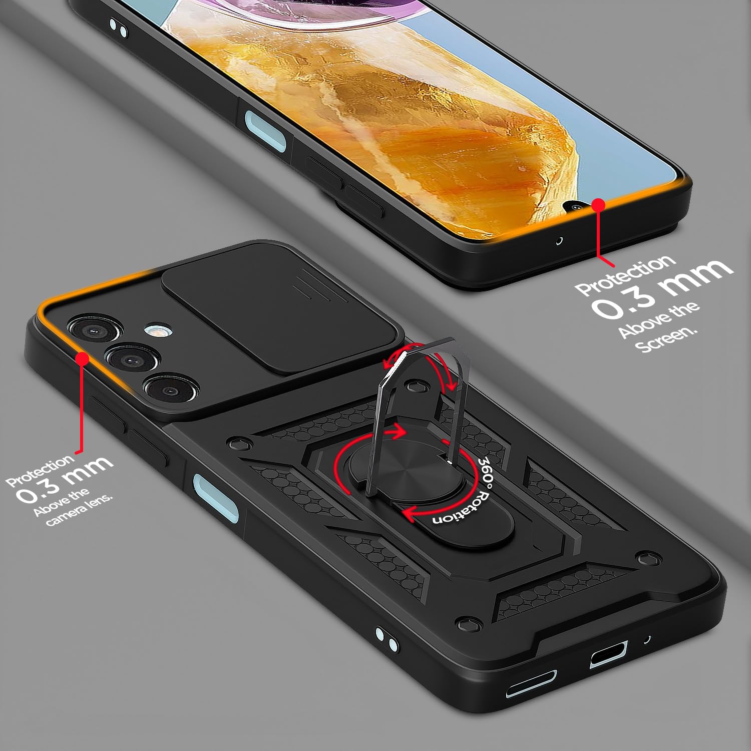 Pikkme D10 Tough Armor Bumper Case | 360 Protection Case | Sliding Camera Shield Cover & Ring Holder Stand Back Cover for Samsung Galaxy M35 5G (Black) 2