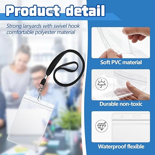 Miniatura 3 de Chuangdi 200 unidades grandes de 4 x 6 pulgadas transparente portatarjetas de identificación con cordón, impermeables, verticales, portatarjetas de