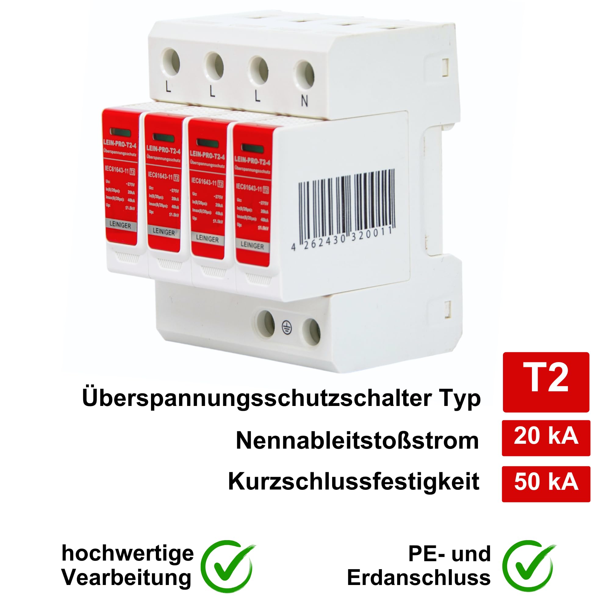 Leiniger PRO Überspannungsschutz, Überspannungsableiter, II, Typ 2 (C), 4-Polig, maximaler Ableitstrom 50 kA