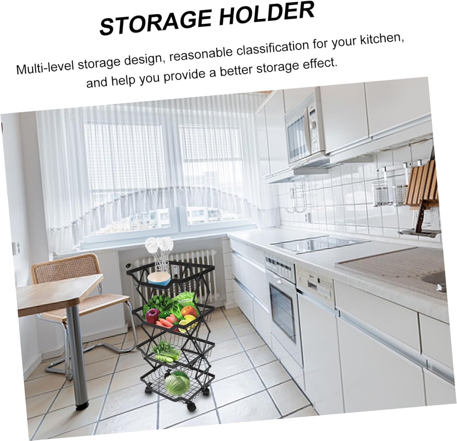 Unomor 1Pc Foldable Kitchen Storage Rack Made of Carbon Steel Multi-Layer Floor Shelf for Fruits Vegetables and Condiments with Moveable Design for Efficient Space Saving in Kitchen and Pantry