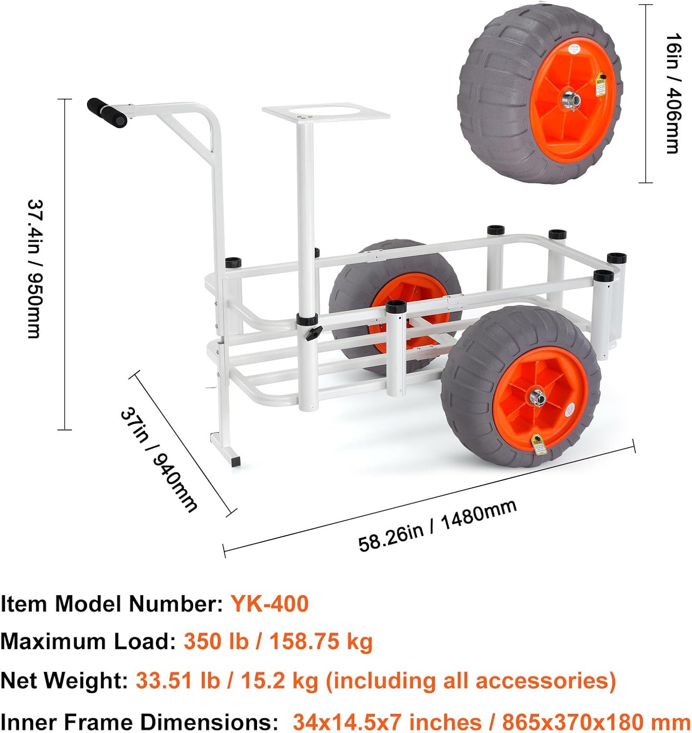 Happybuy Beach Fishing Cart, 350 lbs Capacity, Heavy-Duty Aluminum Pier Trolley with 16" PU Balloon Tires, 8 Rod Holders, for Fishing, Picnic, Sand Use