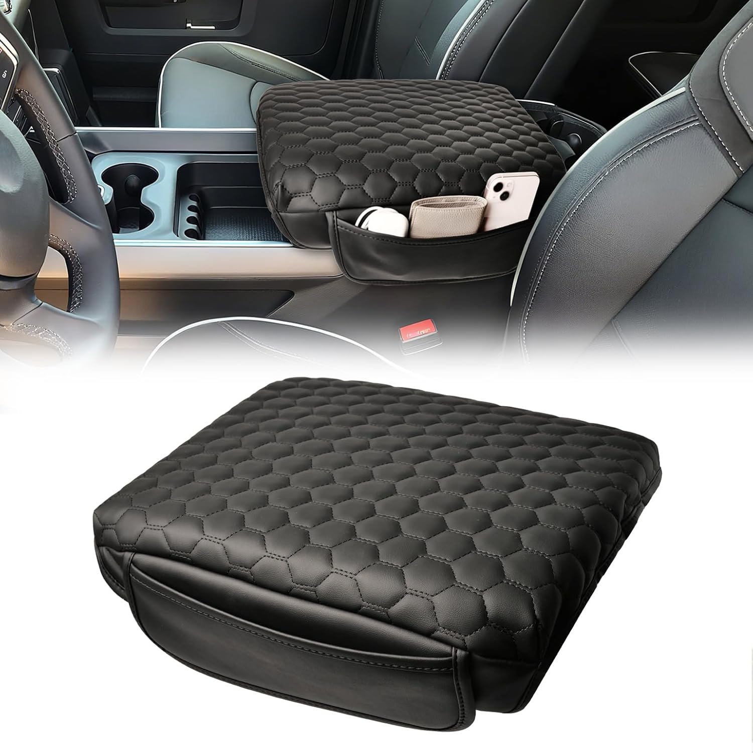 Center Console Cover Compatible with 2019 2020 2021 2022 2023 2024 2025 Ram 1500 2500 3500, 1.2'' Thickened Middle Console Cover with Two Pockets(Bucket Seat Only)