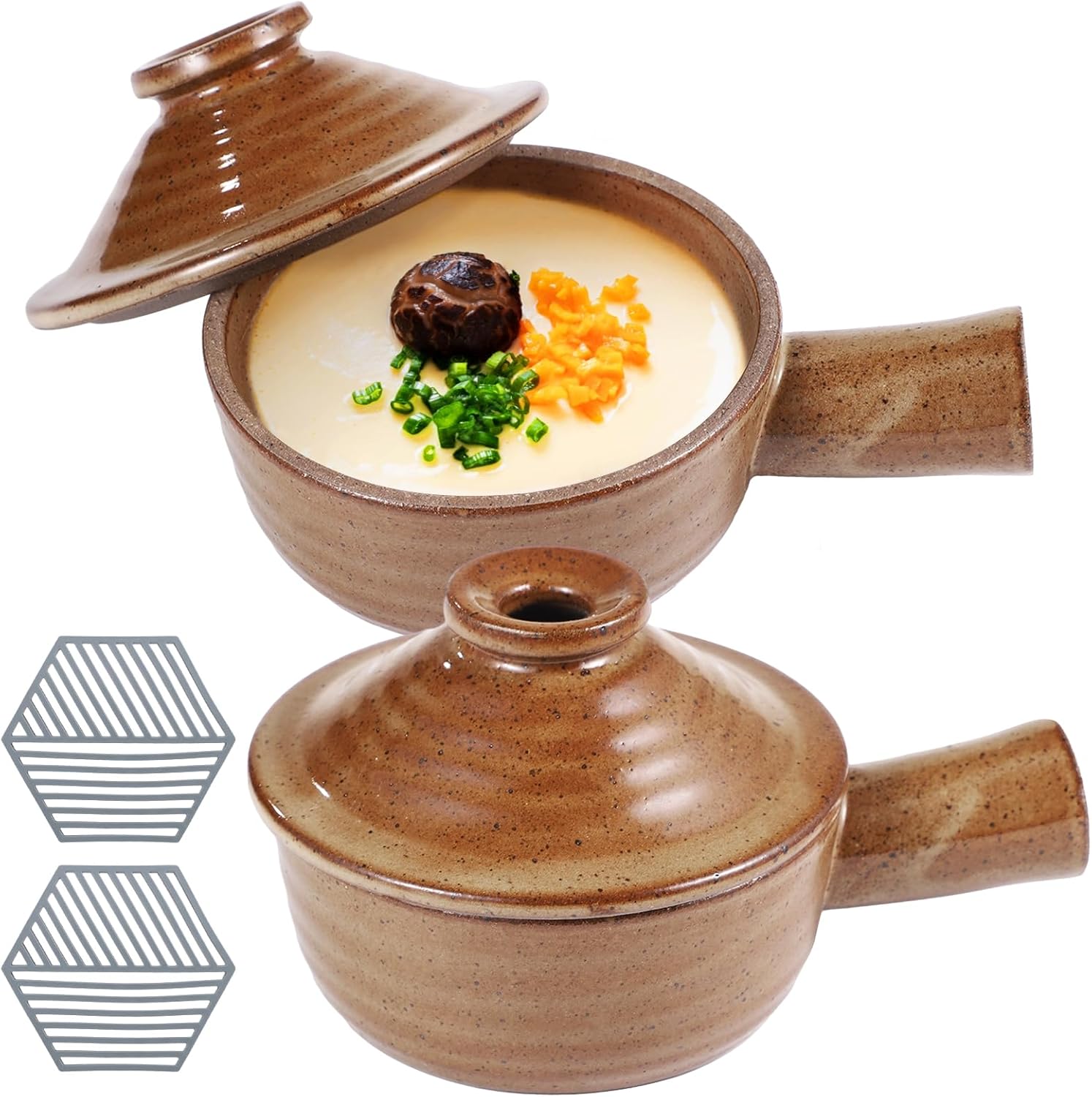 Cookers Egg 2 Sets, Microwave Ceramic with Pads Silicone Heat-Resistant, Poachers Egg Lids Dome & Handles Hollow, Bowls Clay 12 Oz for Eggs, Soup, Oven & Dishwasher Safe