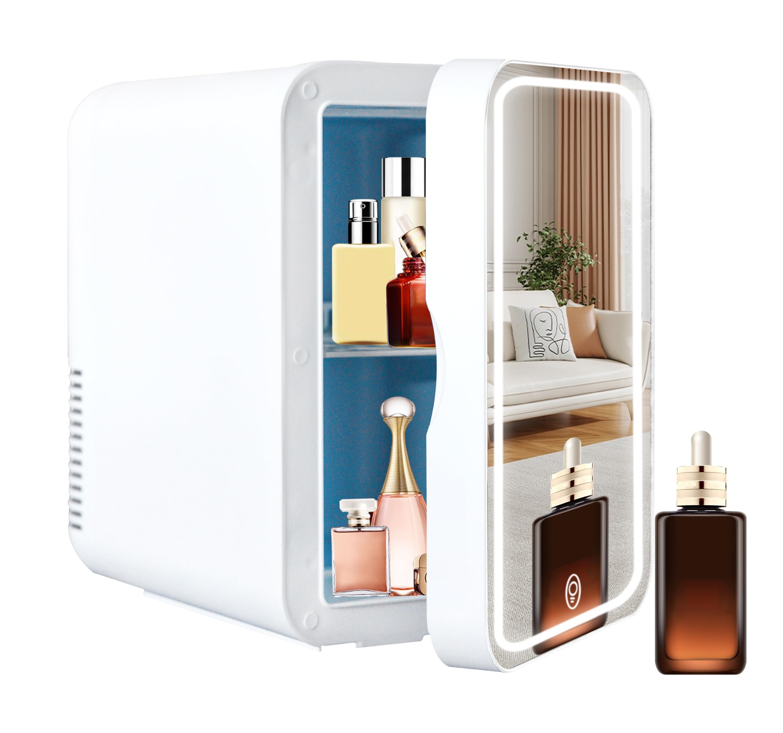 Skincare Fridge with Dimmable LED Mirror,6L/8Can,Portable Makeup Mini Fridge White with AC/DC,Cooler or Warmer, Low Noise Small Refrigerator for Bedroom,Dorm,Office,Car