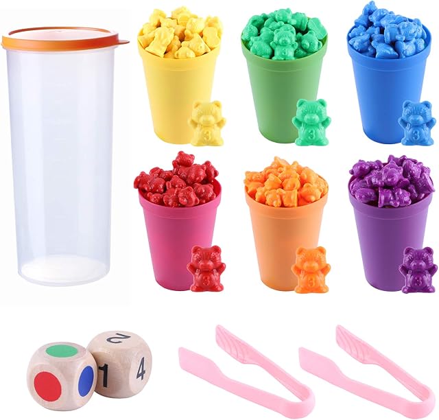 Counting Bears Set, 71 PCS Rainbow Counting Bears with Matching Sorting Cups, Dices and Tweezers - Montessori Rainbow Matching Game Educational Color Sorting Toys For Toddlers Babies By MYCeator