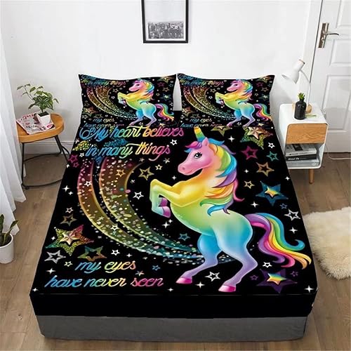 Miniatura 6 de Juego de sábanas bajeras y fundas de almohada tamaño individual de unicornio, paquete de 2, ropa de cama con letras arcoíris mágicas para niños