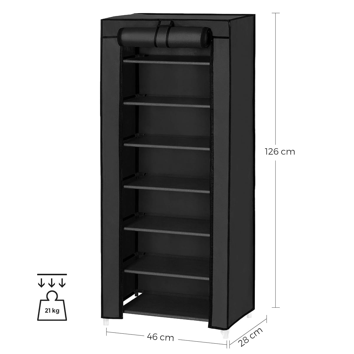 SONGMICS RXJ024B02V1 Regał na buty, szafka na buty, 7 poziomów, z obiciem z materiału, pojemna, szafka z materiału, przechowywanie butów, 46 x 28 x 126 cm (dł. x szer. x wys.), czarny