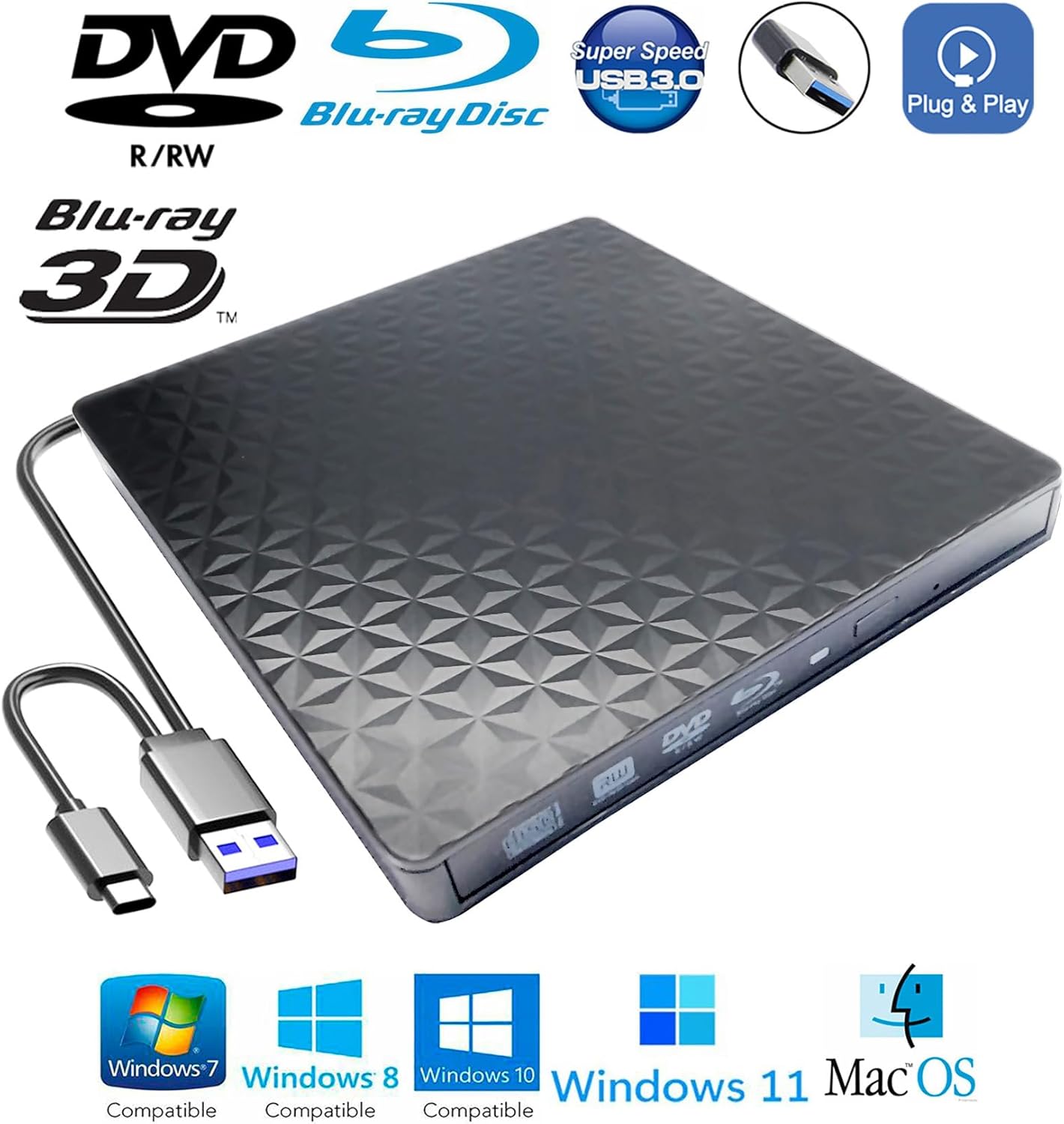 USB-C Thin External Dual Layer Blu-ray DVD Writer 3D Player, for Dell Laptop Inspiron 15 3000 3520 13 7000 5000 14 5430 16 Plus 7630 7620 7640, 6X BD-RE DVD-R RW RAM DL Burner Optical Drive