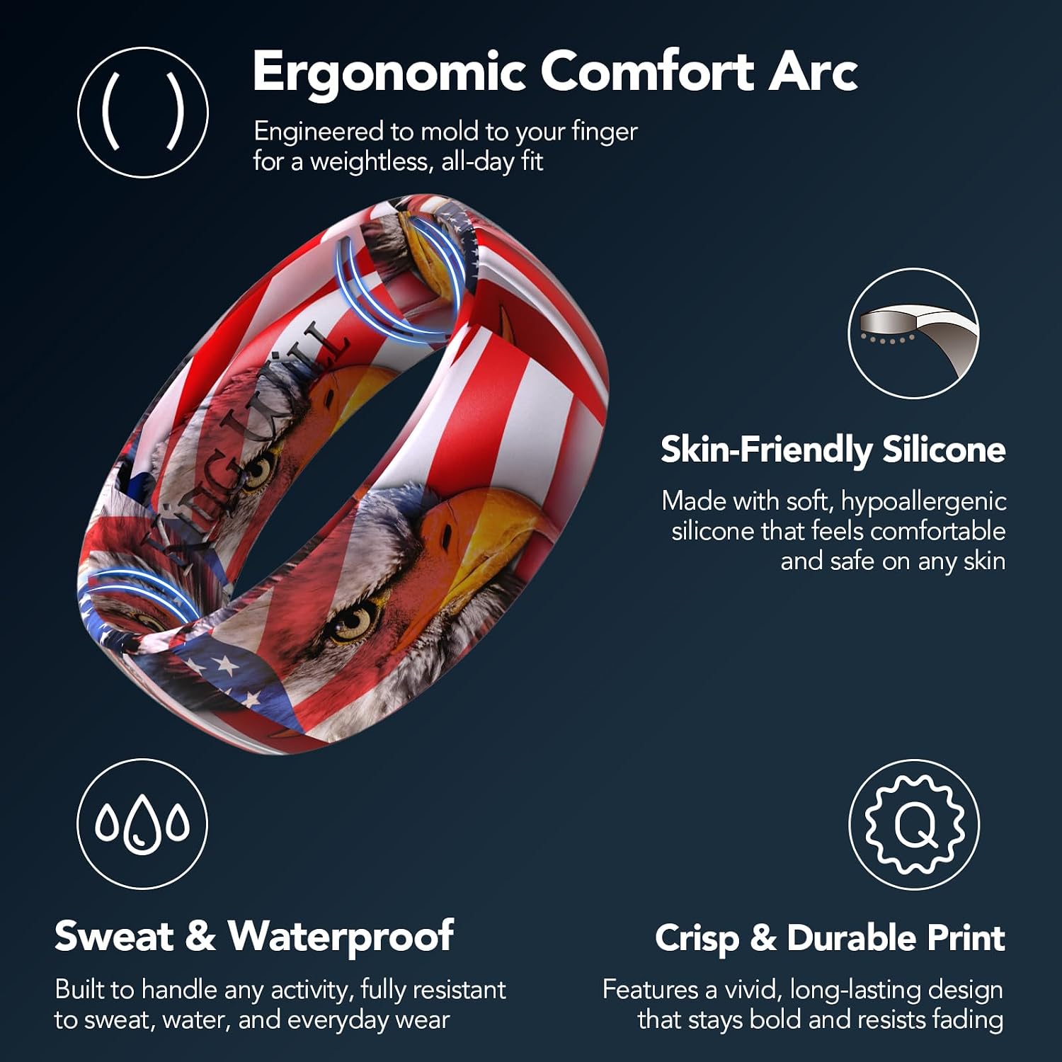 King Will Men's Silicone Wedding Ring, Patriotic American Flag Series with Breathable Inner Texture-7mm Wide 2mm Thick Durable Rubber Wedding Band in Black, Blue &Red, Flexible Size 8-11