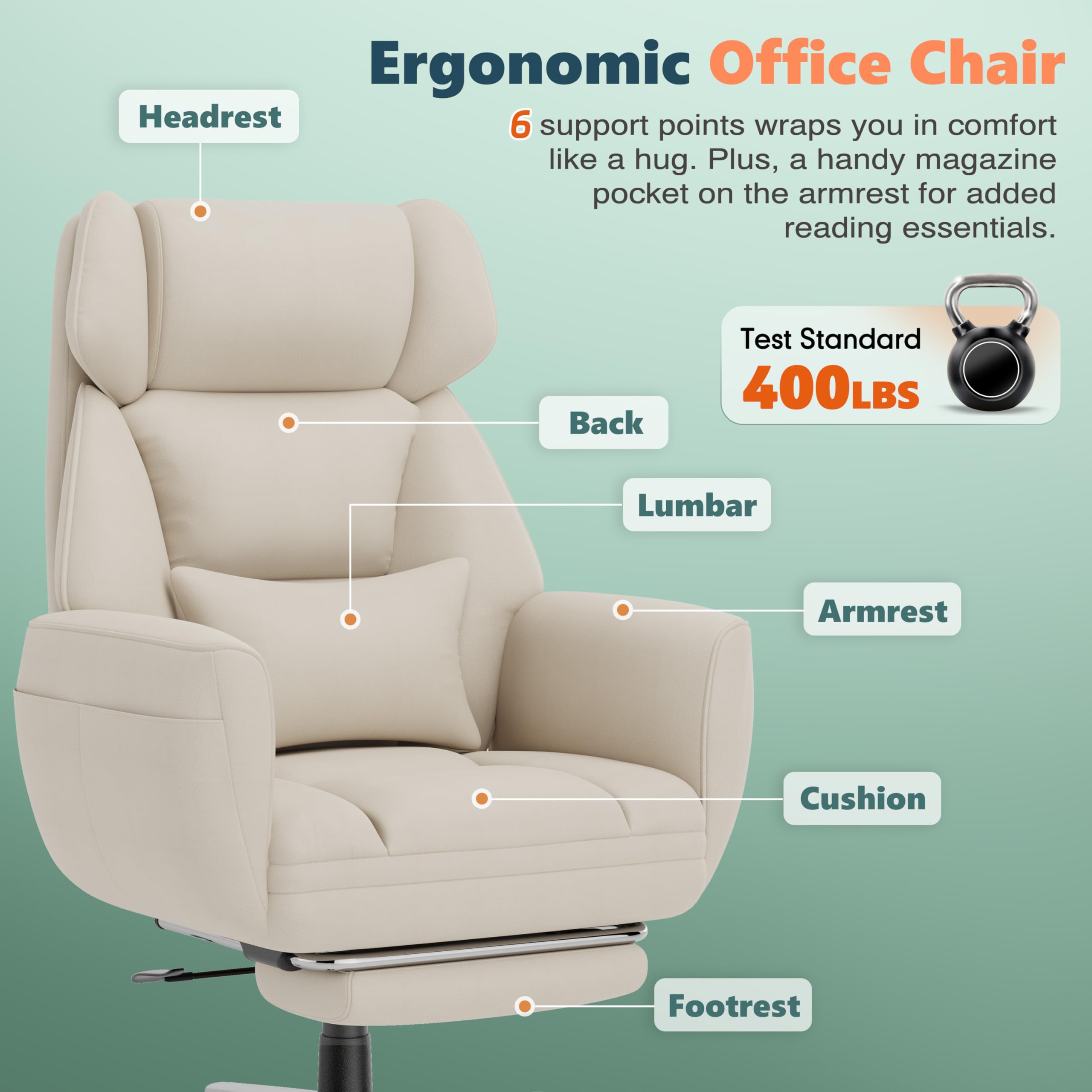 GABRYLLY Office Criss Cross Chair with Footrest, Big and Tall Executive Chair with Wide Seat,Reversible Armrest,Wheels, Lumbar Pillow and 120°Tilt,Computer Desk Chair for Gaming,Meditation,Ivory