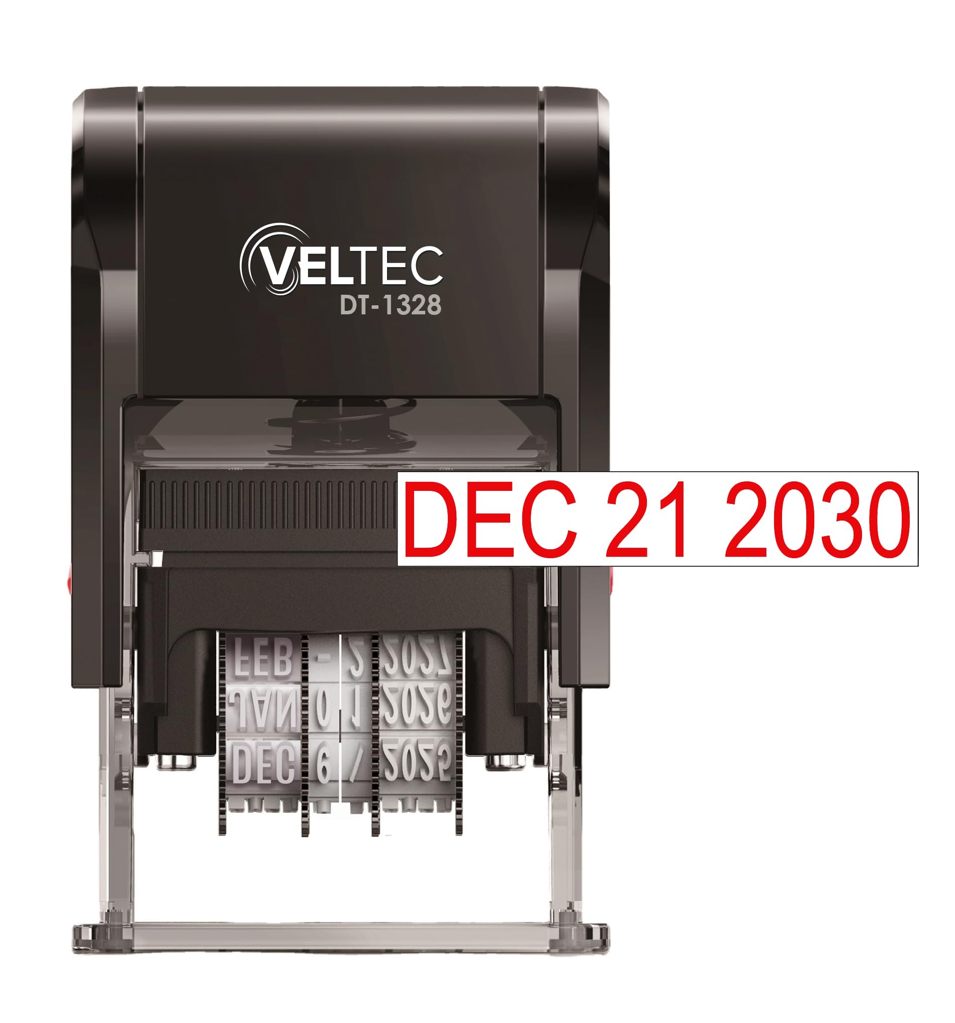 Self Inking Date Stamp with Month, Day, Year - Easy to Use & Adjust, Rubber Head, Sturdy ABS, Uniform Print, 10 Years of Dates, Refillable (Red)