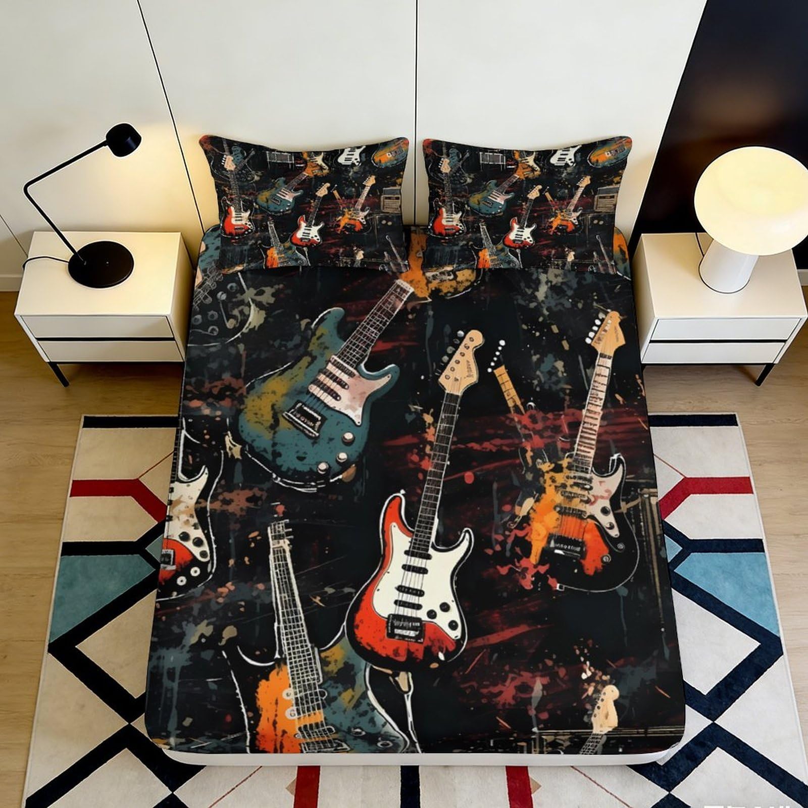 3D Printed Electric Guitar Fitted Sheet Microfiber Soft Bed Cover for Bedroom Dorm Artistic Rock Music Decor 90x200x25cm