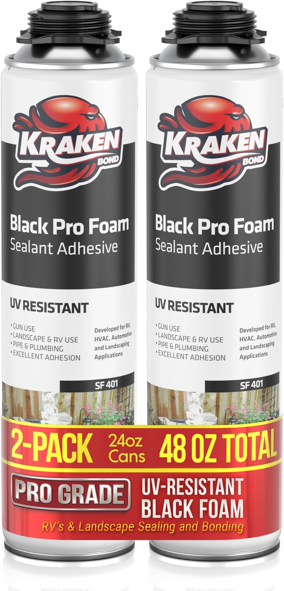 Kraken Bond Black Spray Waterfall Foam Sealant - (2x24oz) Expanding Polyurethane Pond Foam Sealer Black, UV Resistant Insulating Spray for Landscape & Exterior, Gun Use, Gun Not Included, 2 Pack