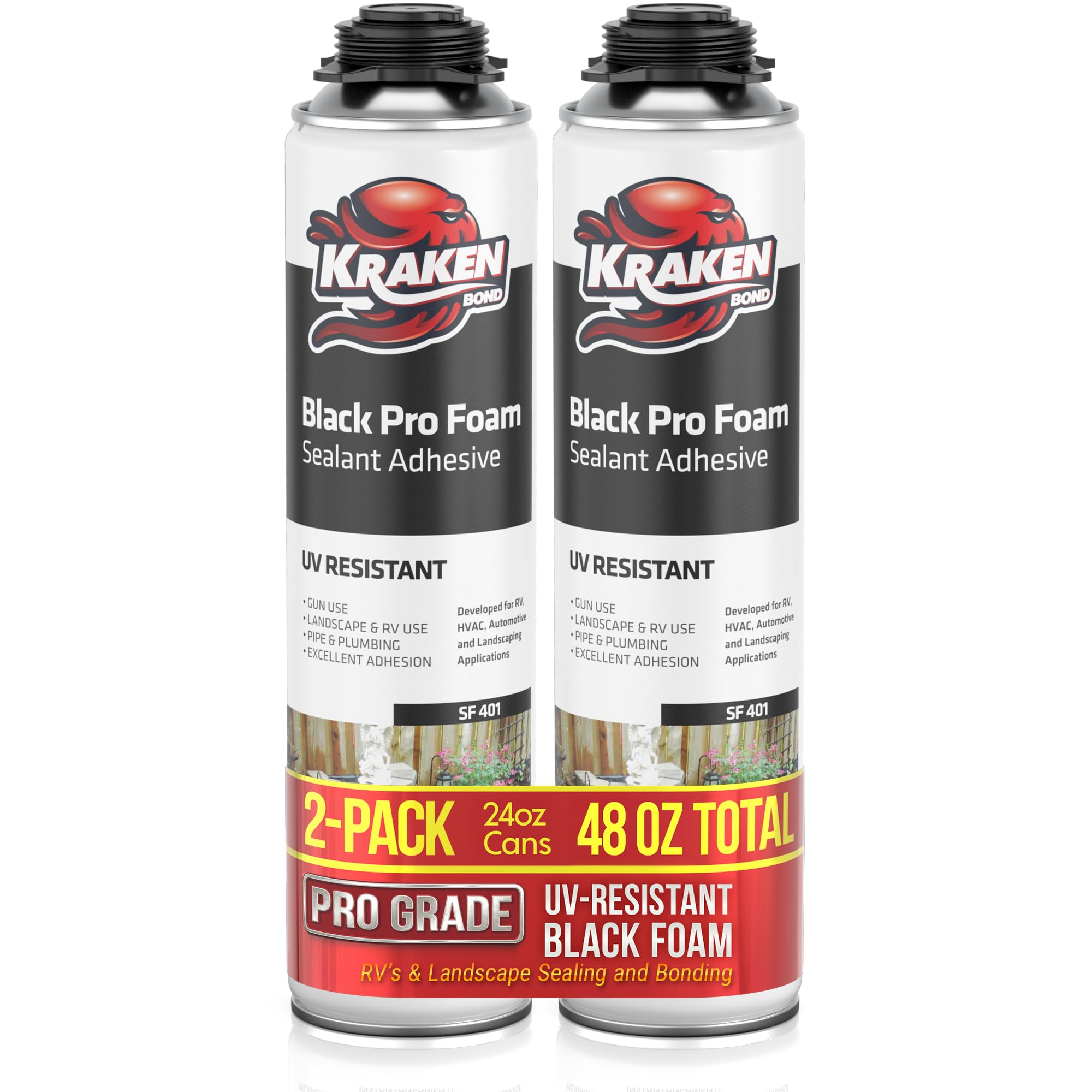 Kraken Bond Black Spray Waterfall Foam Sealant - (2x24oz) Expanding Polyurethane Pond Foam Sealer Black, UV Resistant Insulating Spray for Landscape & Exterior, Gun Use, Gun Not Included, 2 Pack