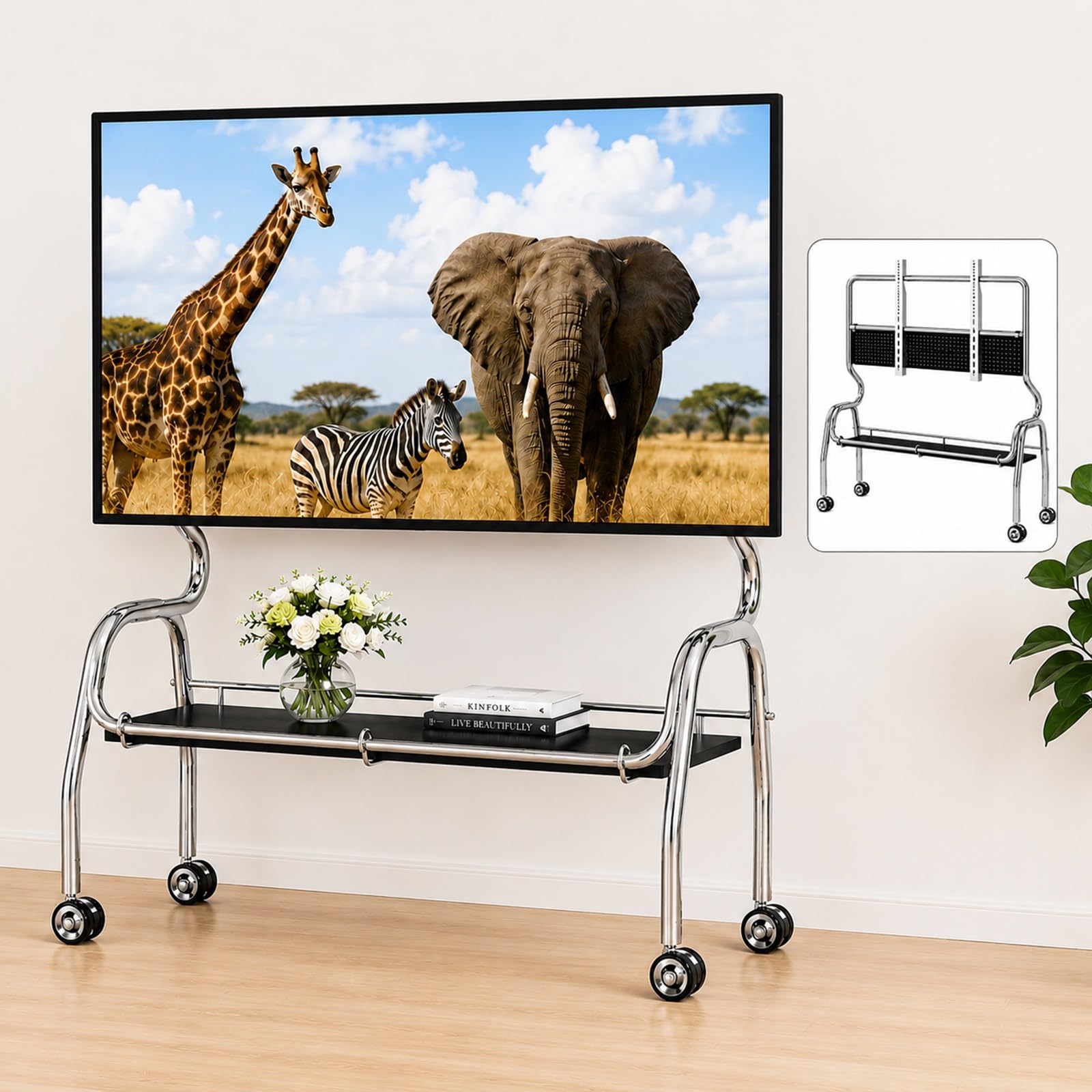 Mobilny Stojak TV z Półką do Przechowywania i Panelem Perforowanym | Uniwersalny Stojak do Telewizorów 32–75 Cali, Rama ze Stali Nierdzewnej(Black,90x35x120cm)