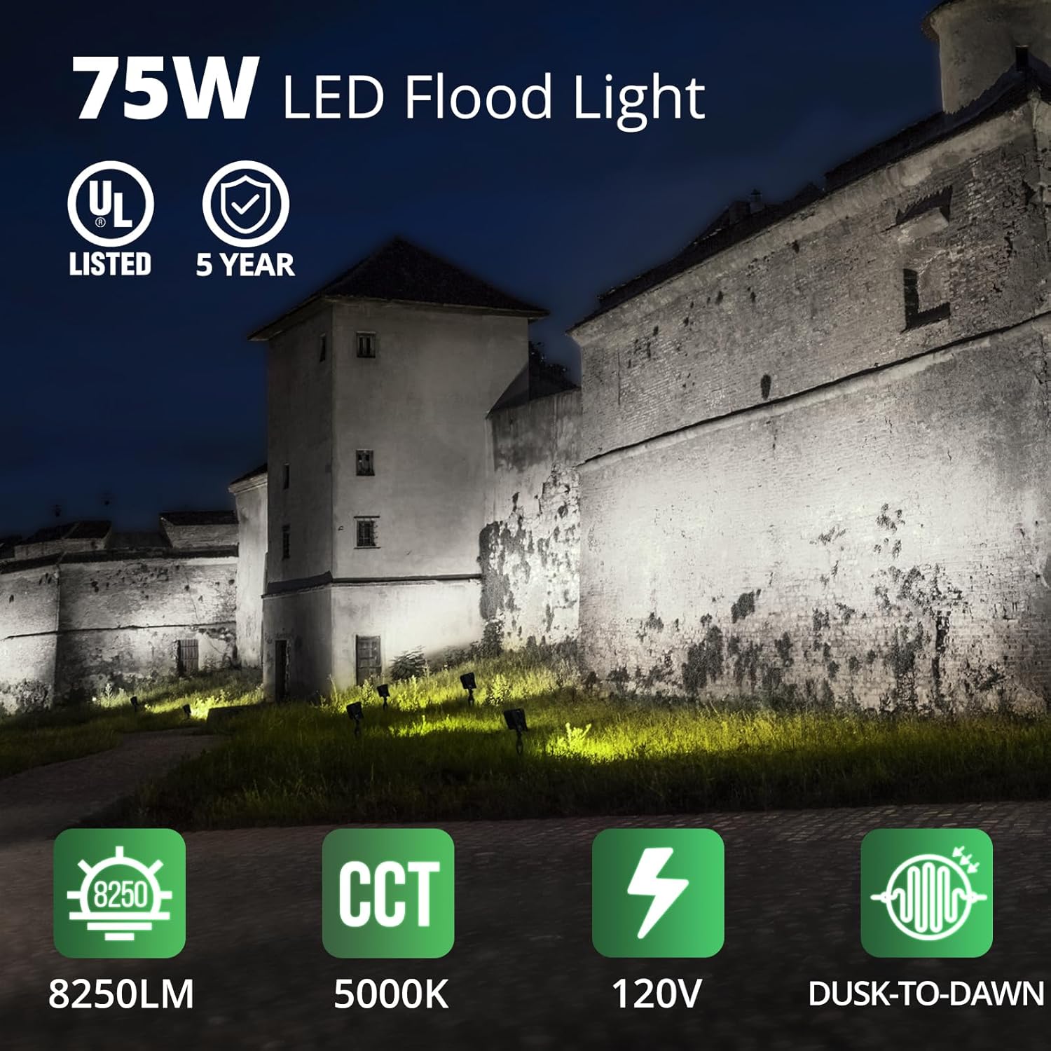 GKOLED 2-Pack 75W LED Flood Lights Outdoor, Dusk to Dawn Security Light, with Anti-Glare Guard, 120V 5000K 8,250LM Waterproof Landscape Lighting, Aluminum, 1/2" Knuckle Mount, UL Listed