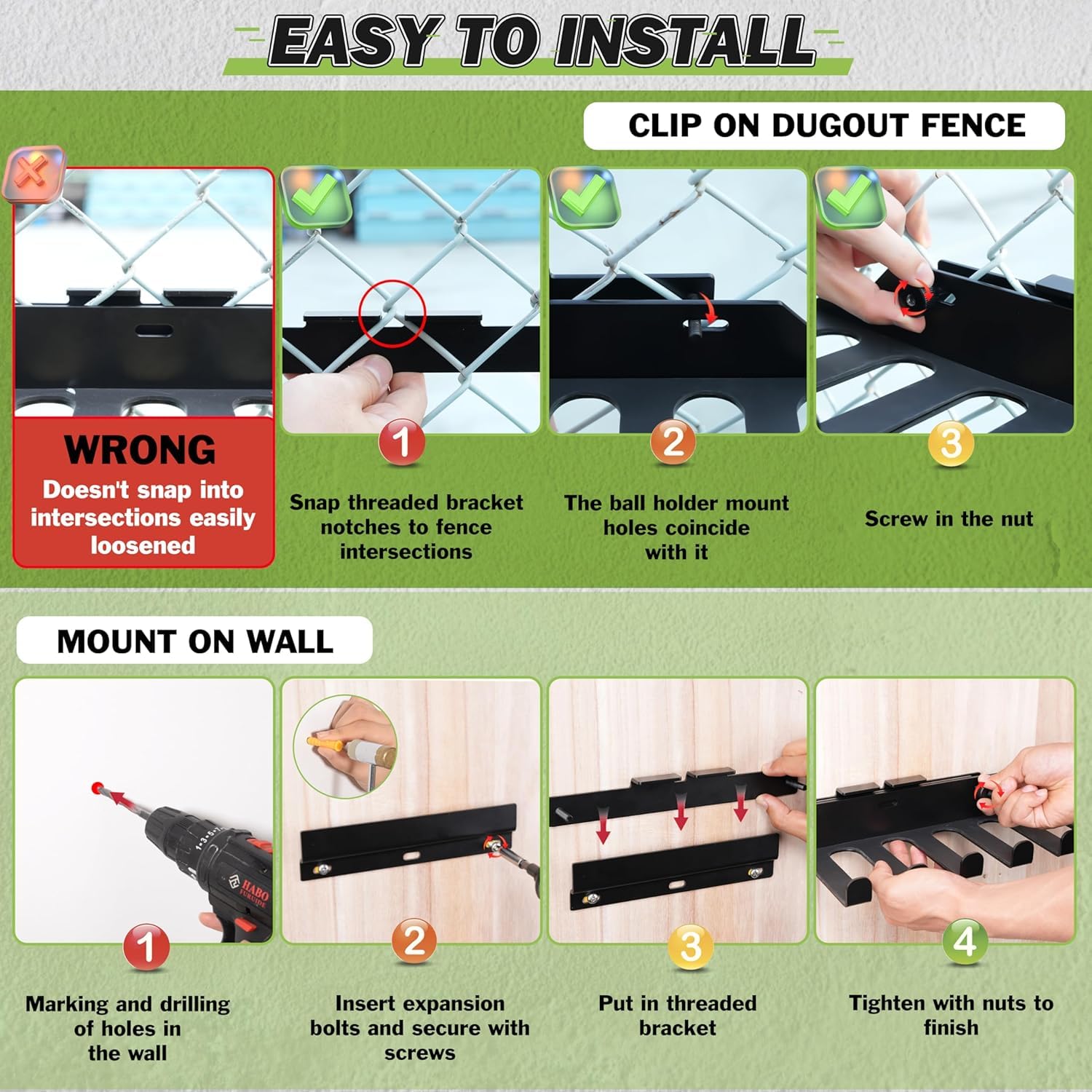 BOOSTEADY Support Mural pour Battes de Baseball et Softball, Porte-Batte de Baseball en Acier Robuste pour Clôture de Pirogue, Support de Rangement Pouvant Contenir 14 Battes