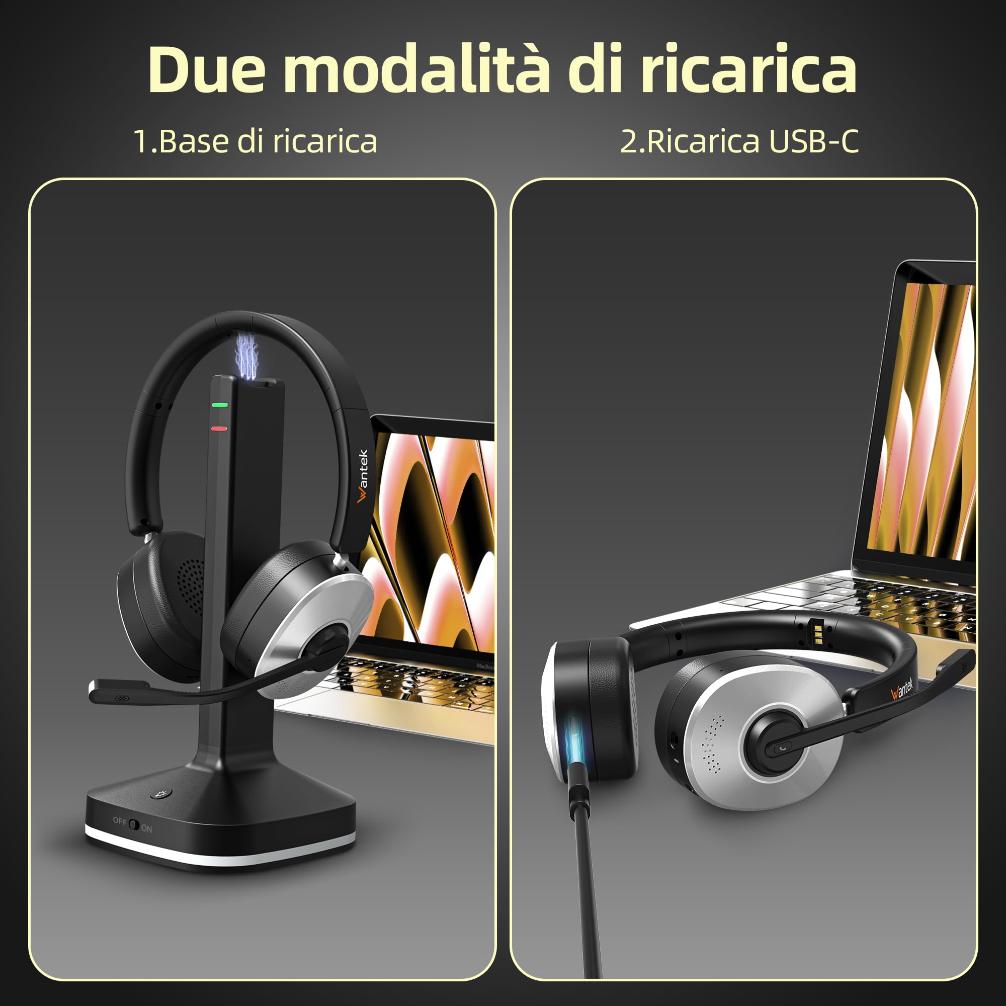 Wantek Cuffie wireless con microfono, Cuffie senza fili Bluetooth con stazione di ricarica o USB Dongle per PC Ufficio Zoom Skype Laptop
