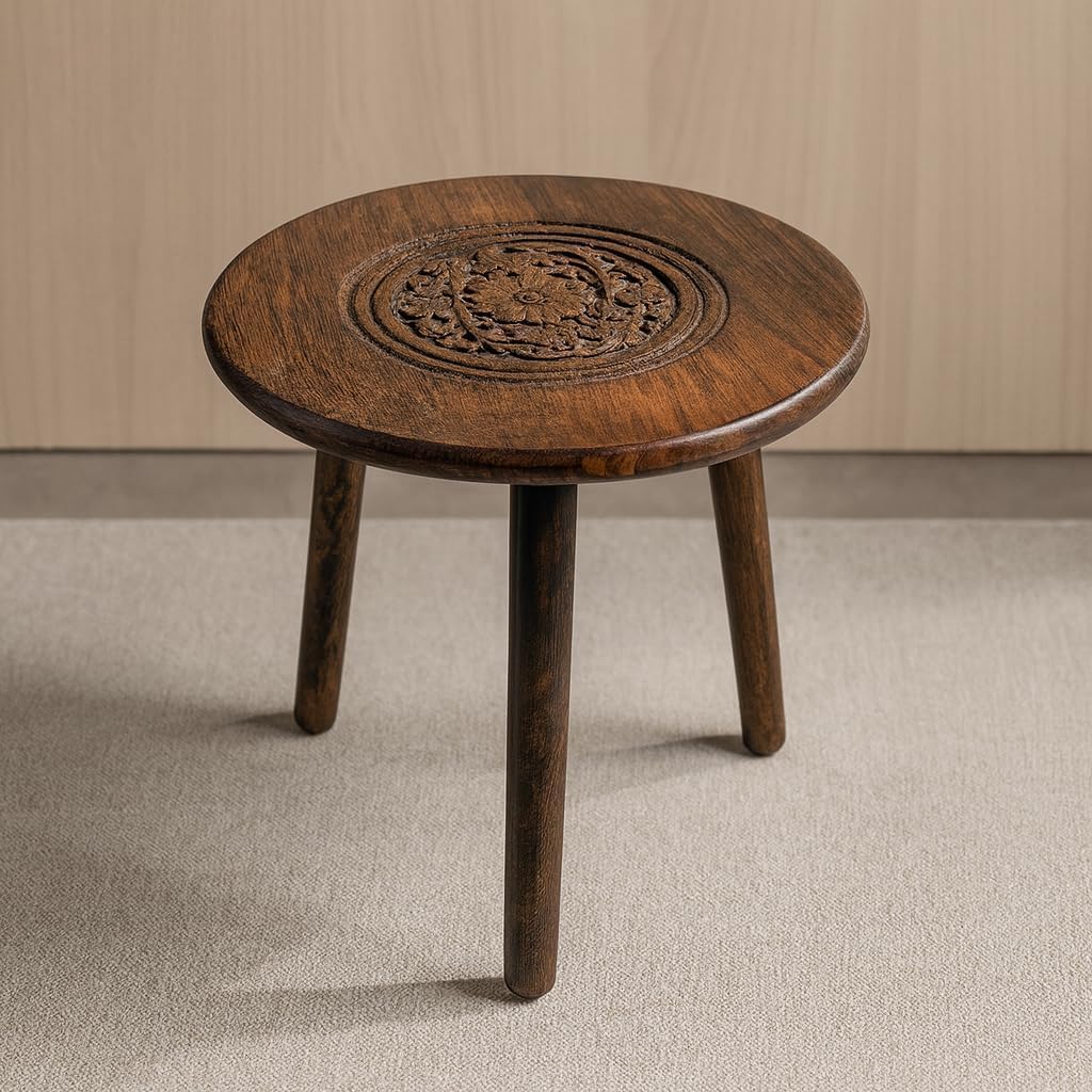 JAL HANDICRAFTS Three-Legged Wood Table A Contemporary Round Coffee Table and Side Table with Pillars for Natural Plants, Books, and Magazines in Compact Spaces (Bronze)-image-9