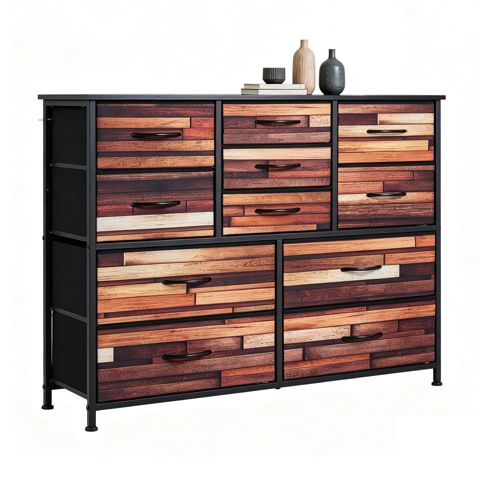 SOARS Cassettiera Camera da Letto con 11/14 Cassetti Pieghevoli, Credenza Soggiorno, Mobiletto Contenitore, Comò Multiuso per Salotto, Ingresso, Stile Industriale, in Legno, Metallo (100 x 30 x 82 cm)