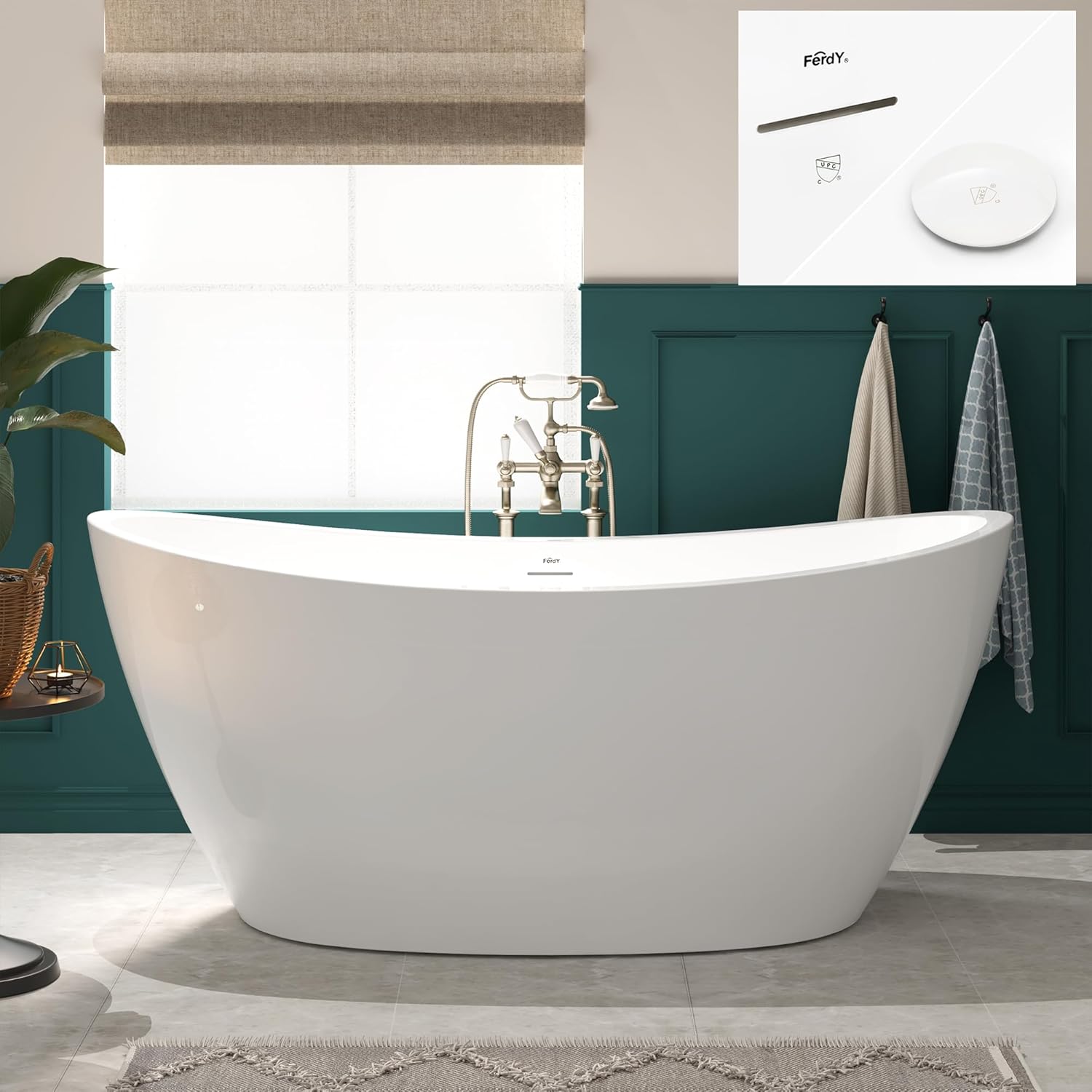 FerdY Naha 67" Freestanding Bathtub, Curve Edge Soaking Bathtub with Polished White Drain and Minimalist Linear Design Overflow, Easy to Install