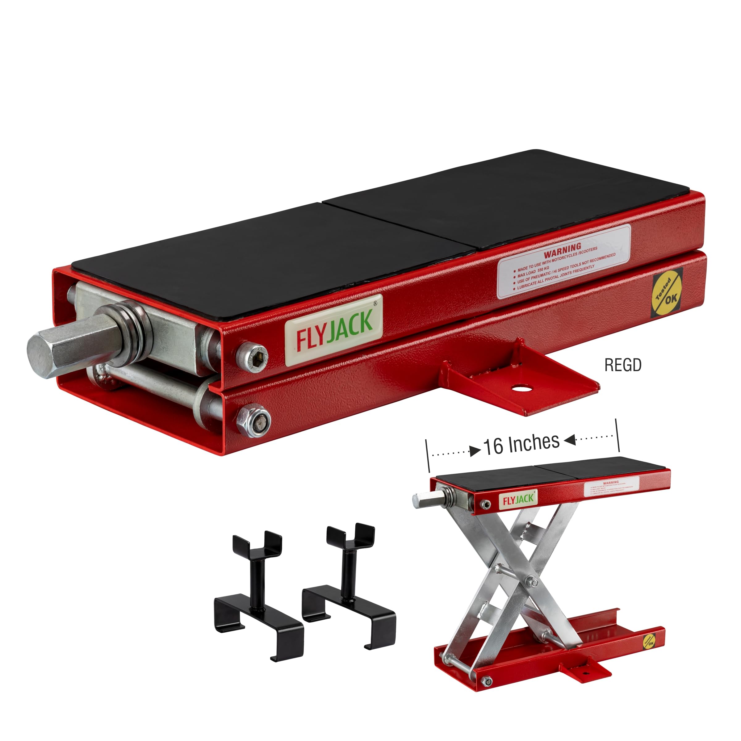 Flyjack Heavy Duty Wobble Free Center Scissor Jack for Motorcycles and Electric Scooters 1300Lbs Red with 2 Sets of Additional L & U adaptors-picture-15