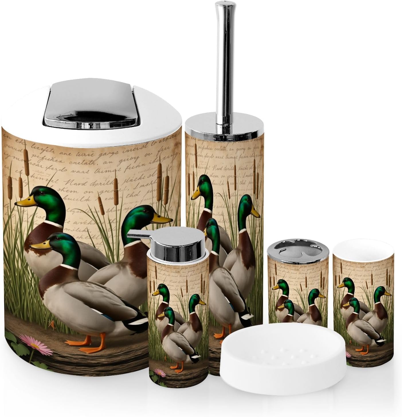 Bathroom Accessory Set 6 Piece Three Mallard Ducks Natural Grassland Vintage Rustic Hunting Trash can, Toothbrush Holder, Toothbrush Cup, Soap Dispenser, Soap Dish, Toilet Brush Holder