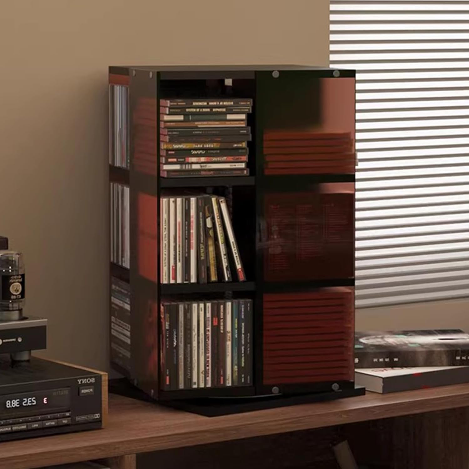 Rotating CD Storage Rack, 3-Tier CD & Cassette Display Rack, Vinyl Record Storage Tower, 4-Side Open Display, Holds 120 Disks, with 360° Rotating Base, for Book, Magazine, DVD