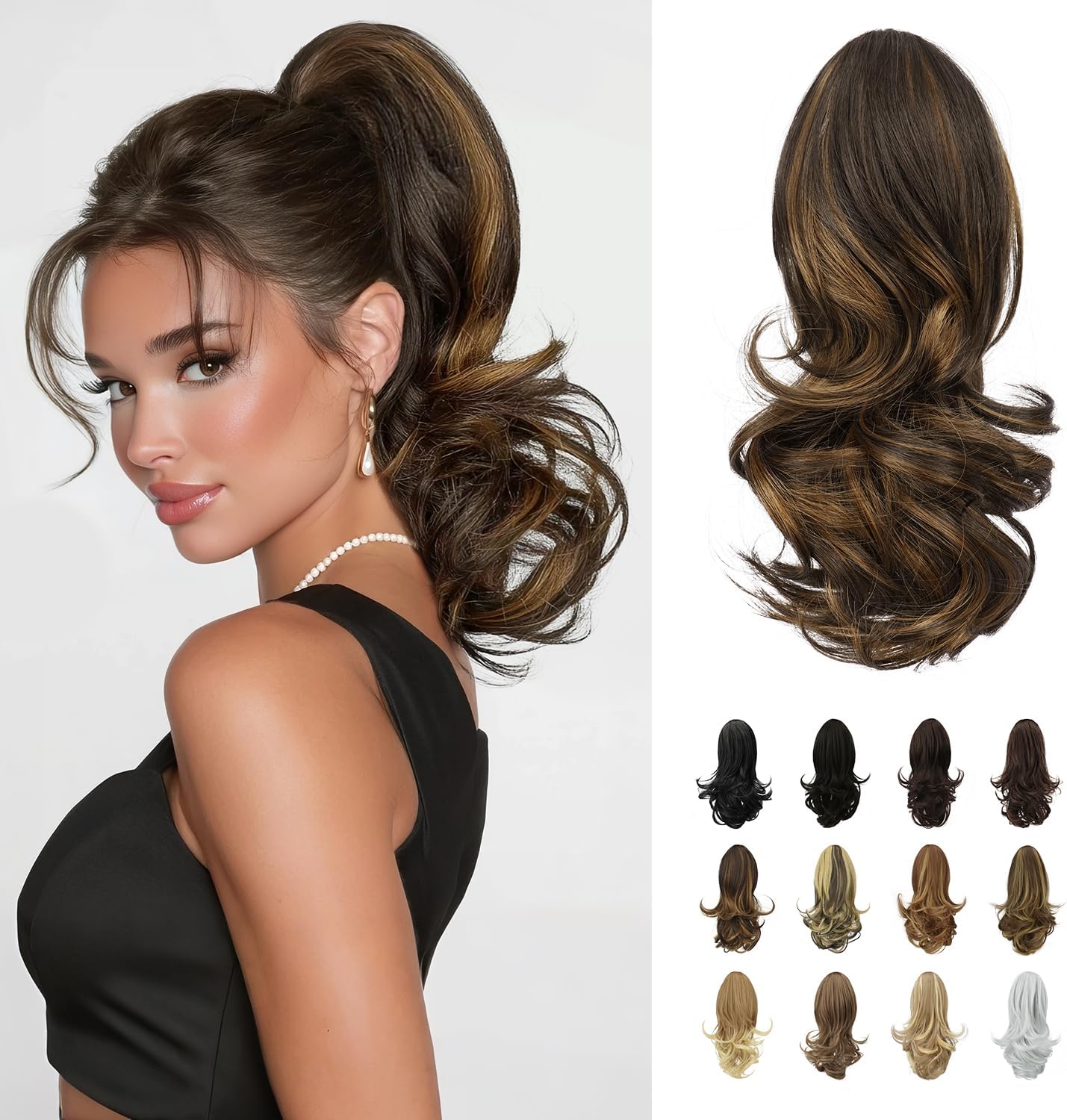 SOFEIYAN 13" Ponytail Extension Long Curly Ponytail Clip in Claw Hair Extension Natural Looking Synthetic Hairpiece for Women, Dark Brown/Golden Auburn