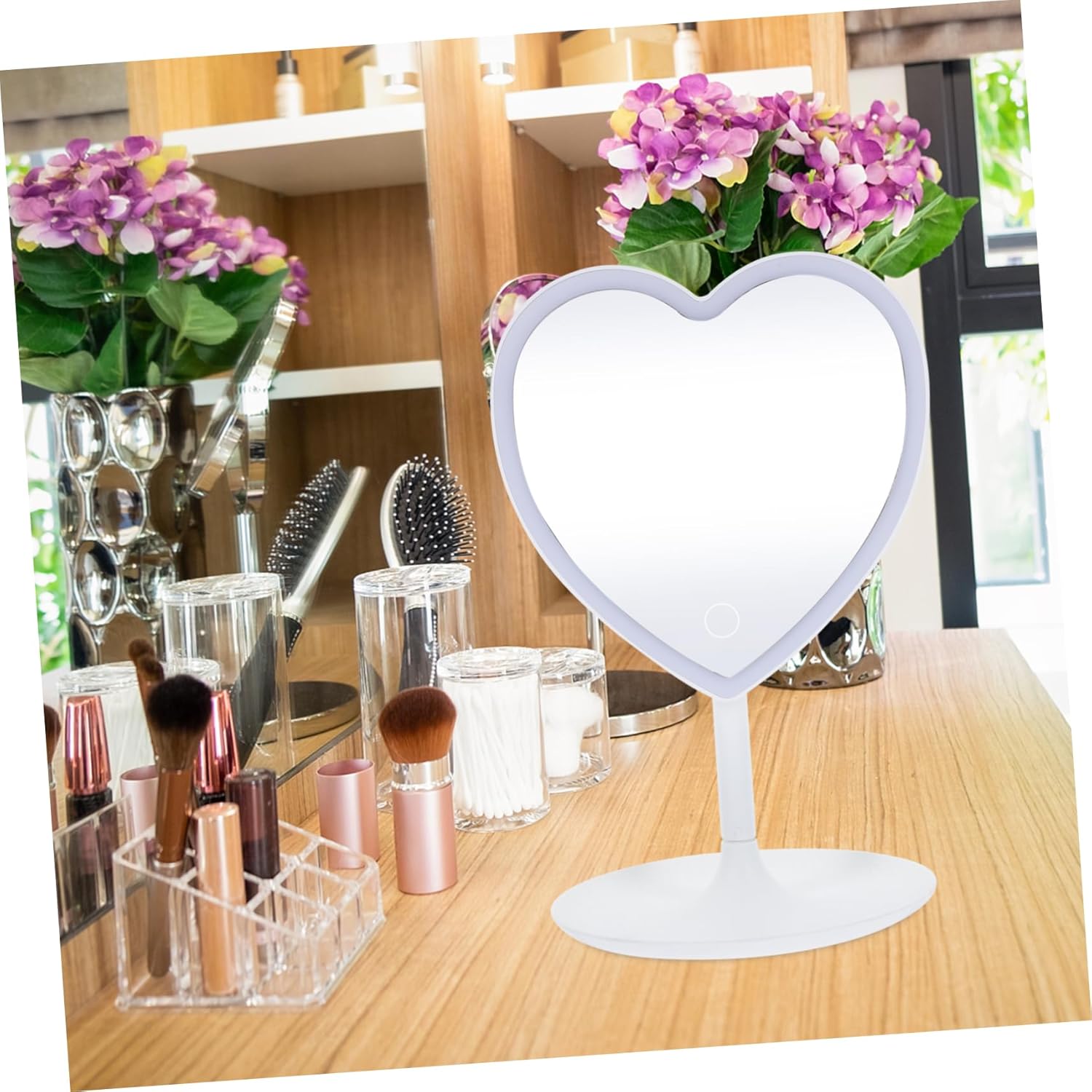 Heart Shaped LED Makeup Mirror Smart Lighted Desktop Cosmetic Mirror for Women Portable Travel Vanity Mirror Brightness Design for Home and Travel Use
