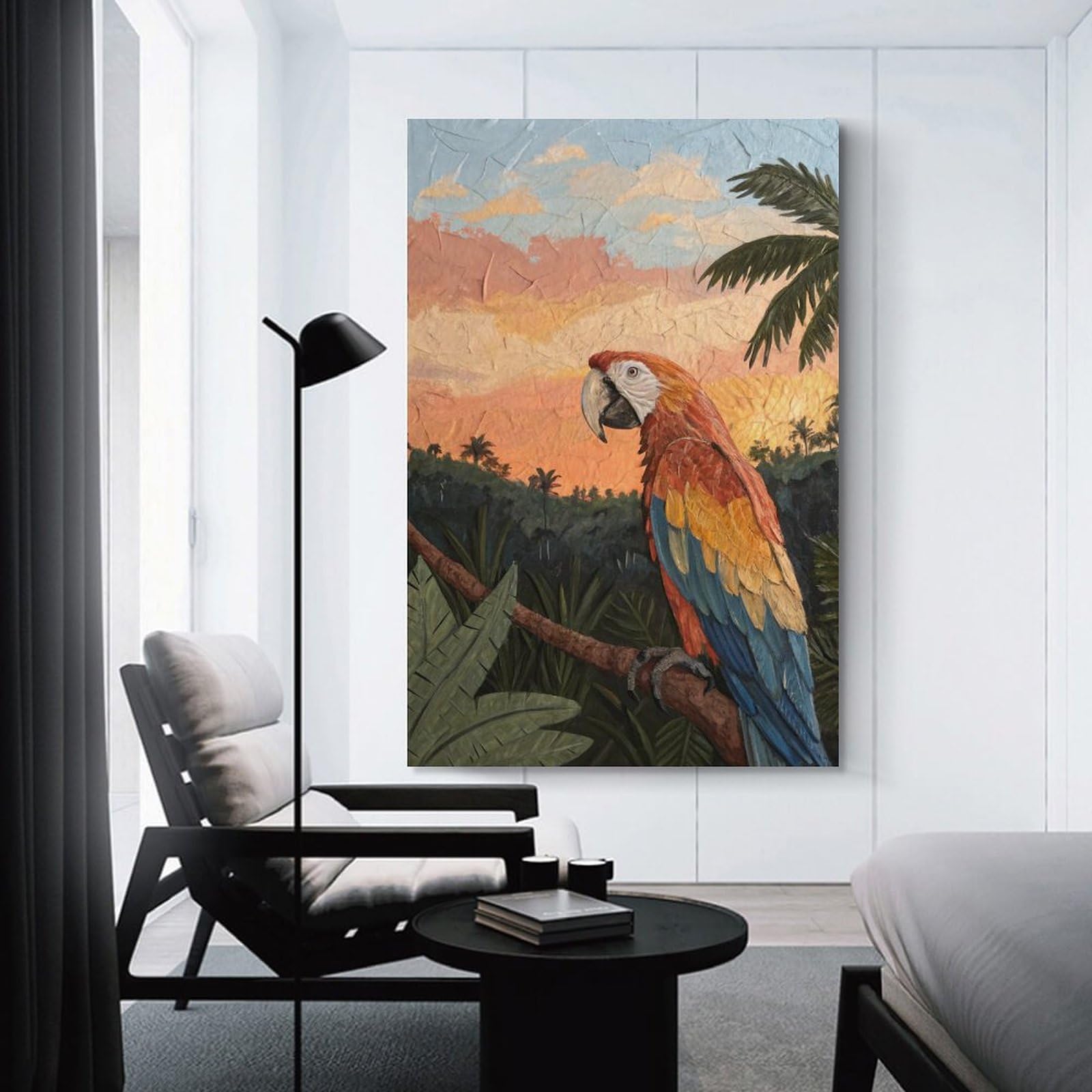 Junmoney Decorative Canvas Print Macaw Parrot in Tropical Sunset, 20x30inch(50x75cm), for Home Office, Desk Area Or Studio, Home Office Artwork with Decorative Appeal