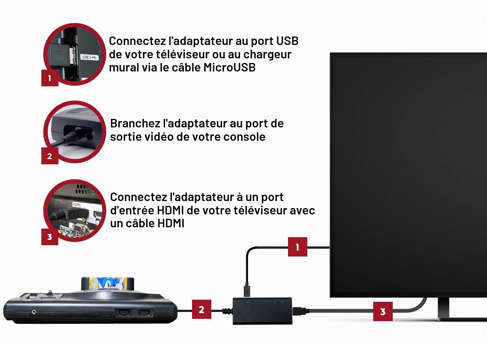 Câble HDMI pour Sega Genesis Model 1/2/3, CD, CDX, 32X, Nomad et Original Master System Console