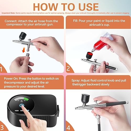 Miniatura 6 de Kit de aerógrafo con compresor de aire, cepillo de aire de alta presión de 22/30/50 PSI, sin obstrucción con boquilla de 0.2/0.3/0.020 in, ideal