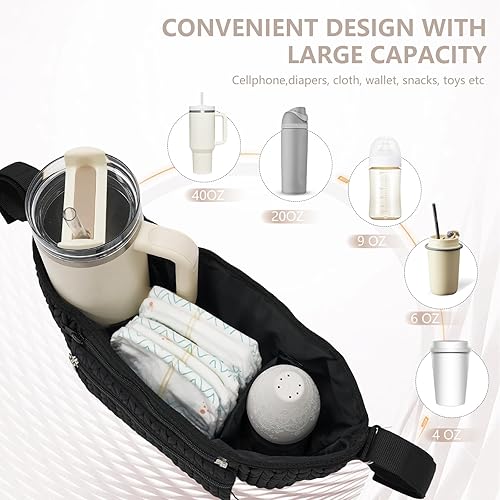 Miniatura 5 de Organizador de cochecito - Elegante nailon acolchado, ajuste universal, bolsa desmontable, almacenamiento múltiple ajustable para cochecito de bebé