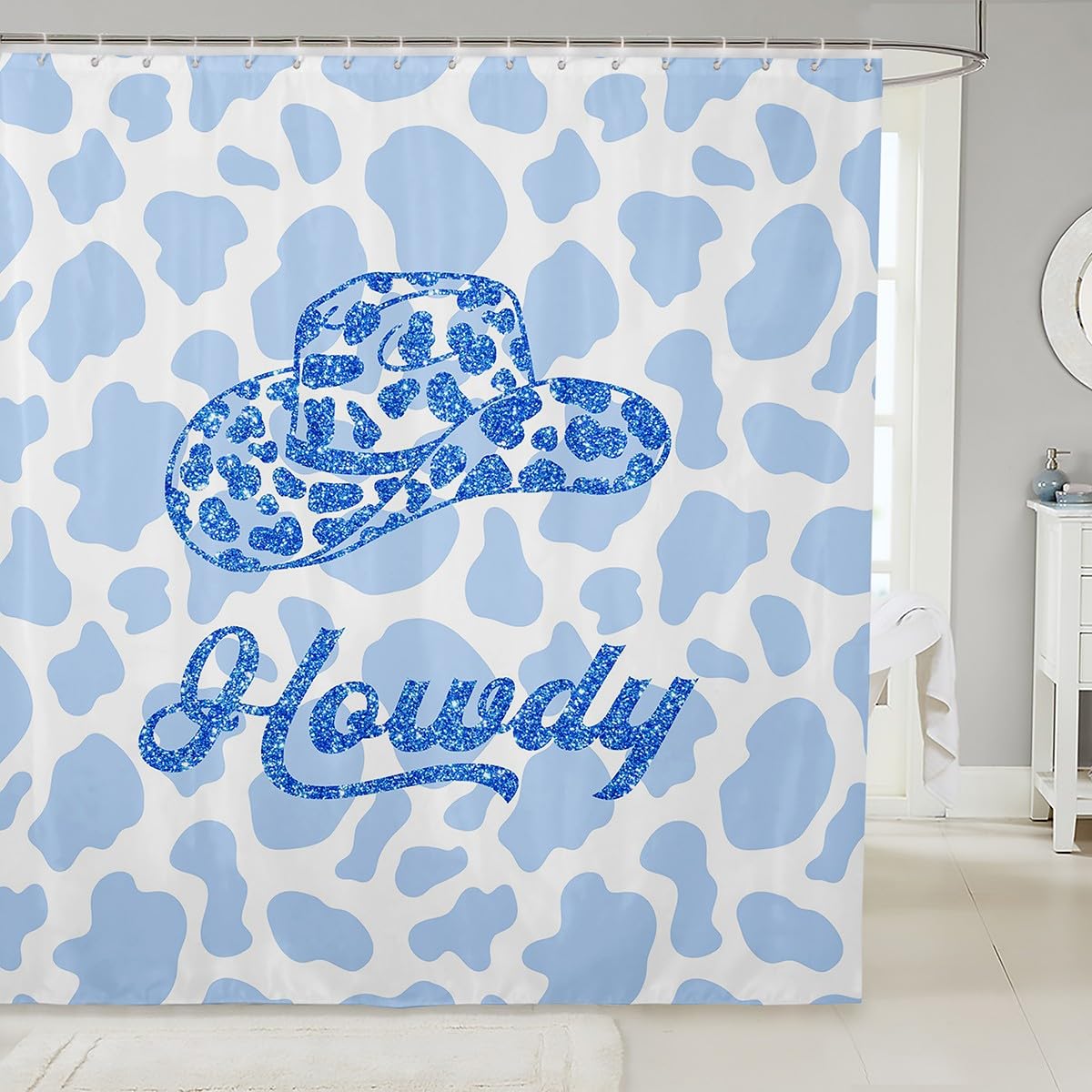 Cortina de ducha de vaquera occidental, con estampado de piel de vaca azul y blanco, decoración de habitación de niños, niñas y adultos, cortina impermeable de piel de vaca con purpurina, 72 pulgadas