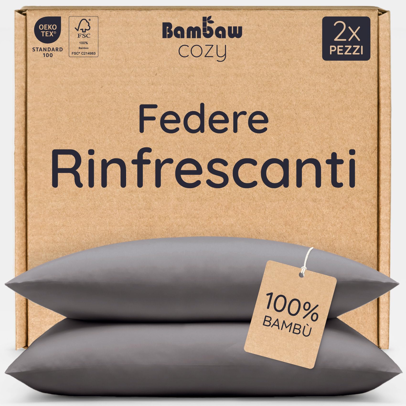 Bambaw Federe bambu 50x75 cm, Confezione da 2, Federe traspiranti e antibatteriche antiacaro, Federa rinfrescante cuscino per l’estate, Federa cuscino bambù certificata Oeko-Tex (Grigio scuro)