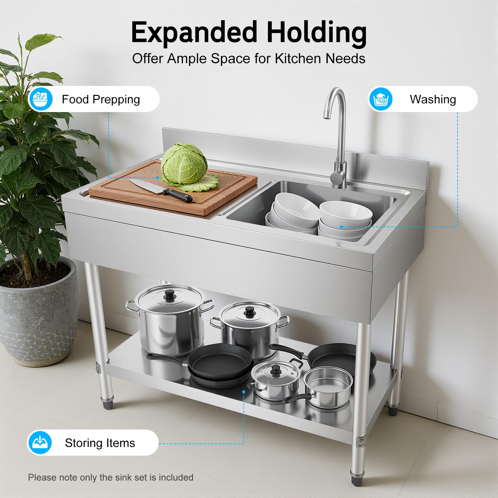 Lavelli da cucina commerciali 100 x 60 x 80 cm, in acciaio inox con capacità di carico 300 kg. Lavello in acciaio inox spazzolato con 1 vasca (a destra) con rubinetto, tubo di scarico, filtro per
