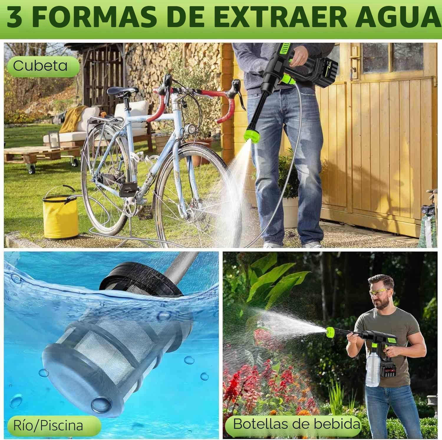 Limpiador de alta presión con batería, 120 bares, pistola de alta presión inalámbrica 300 l/h con boquilla 6 en 1 y manguera de 5 m, pistola de alta presión para lavar y riego de coche (2 baterías)