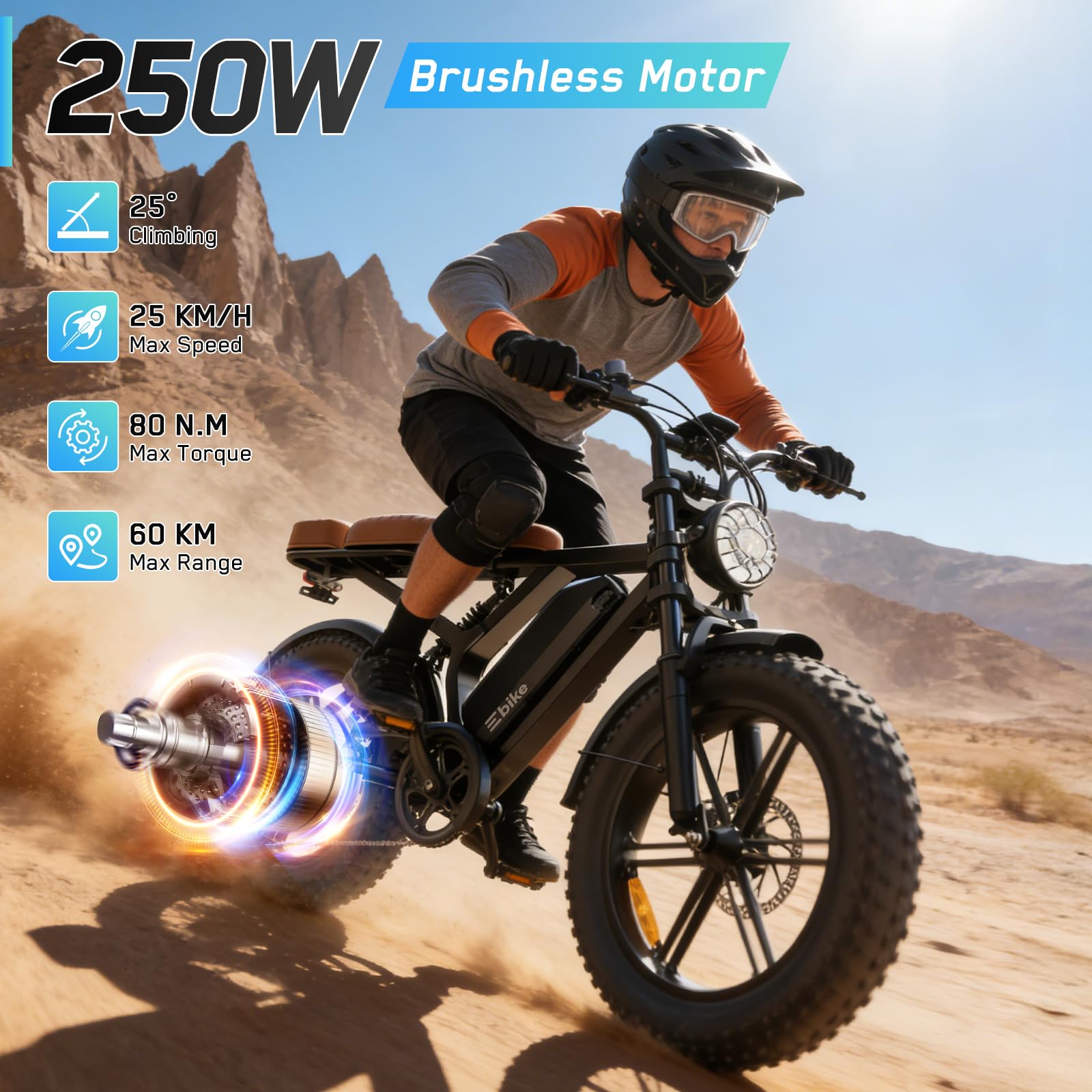 TST Bicicleta Eléctrica Adultos 20" Ruedas Gordas, Motor 250W Batería 48V 15AH Extraíble, 25km/h 60km Maxi Autonomía E-Bike, 7 Velocidades Asiento Trasero Suspensión Pantalla LCD App