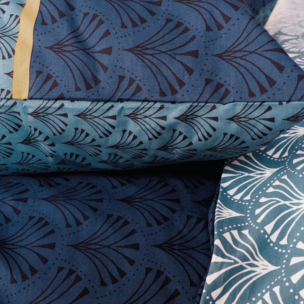 CÔTE DECO Parure Da Letto Matrimoniale 100% Cotone - Copripiumino 220x240 Cm + 2 Federe 63x63 Cm, Motivo Floreale Giallo/Blu/Bianco, Reversibile - 3