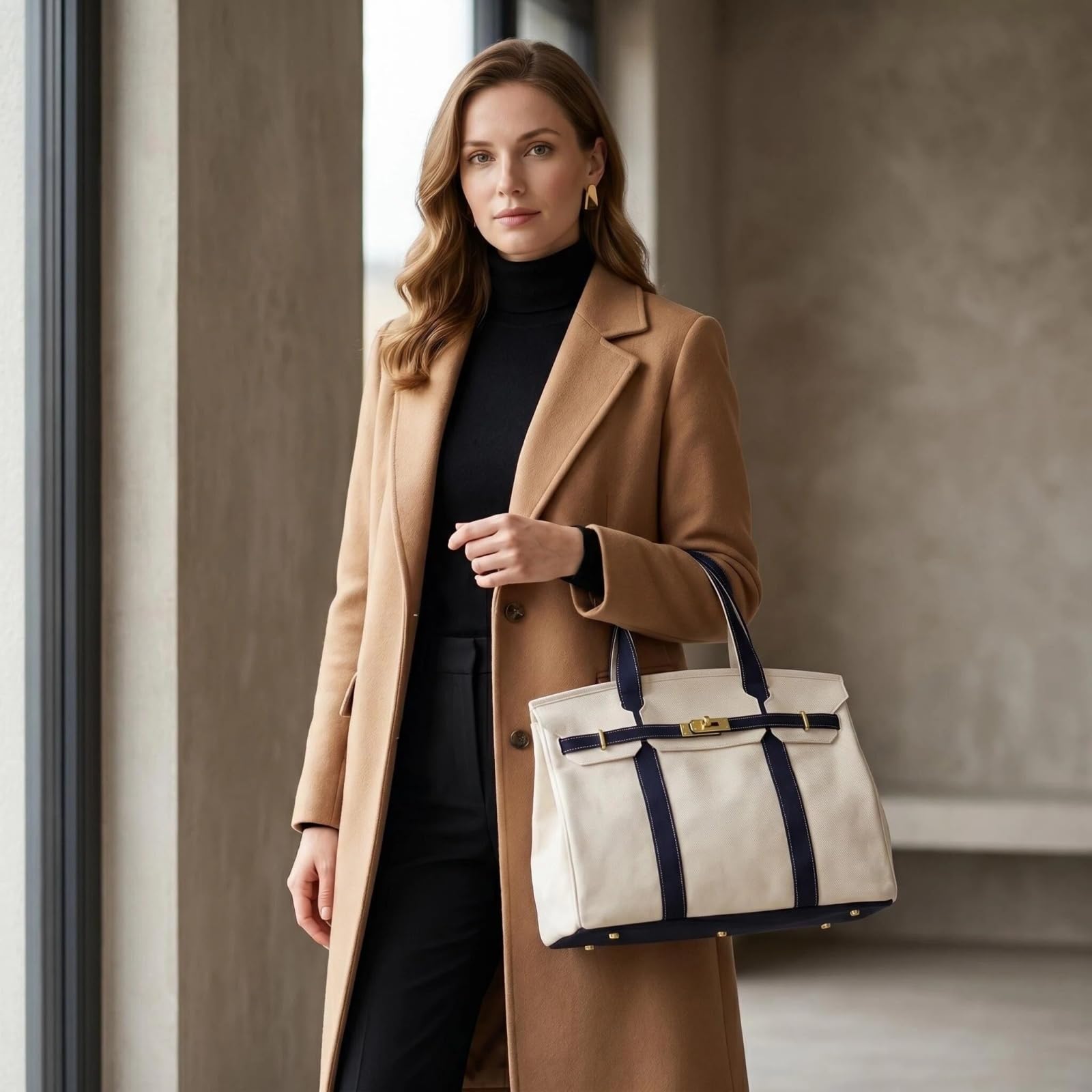 Canvas Shopper Tasche Damen - Großformatige 40x29cm Handtasche Mit Gold Hardware & Anti-Rost Nieten, Elegante Tote Bag Für Arbeit, Uni & Reisen