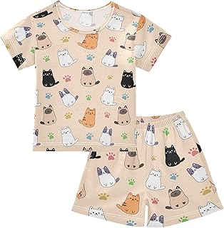 Conjunto de pijama de verano para niños y niñas, diseño de gatos simples, de dibujos animados, color amarillo