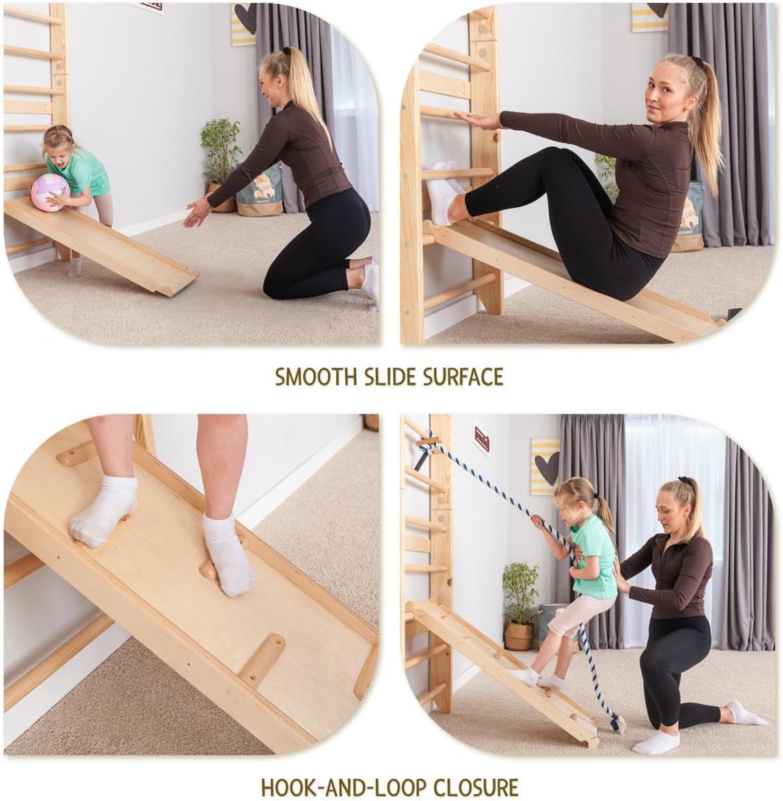 Swedish Ladder Wall Bars with Pull-Up Bar for Kids & Adults - Wooden Stall Bars Home Gym with Gymnastic Rings, Slide, Swing, Climbing Rope & Rope Ladder, Gym Mat