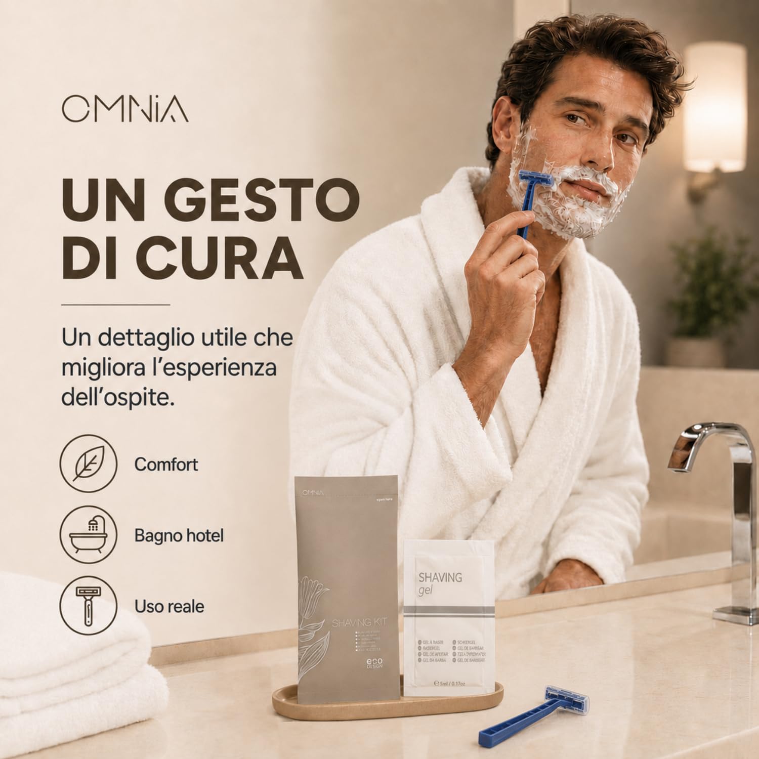 Kit barba uomo 50pz linea cortesia omnia per hotel e b&b, Set con rasoio e gel da barba 15 ml