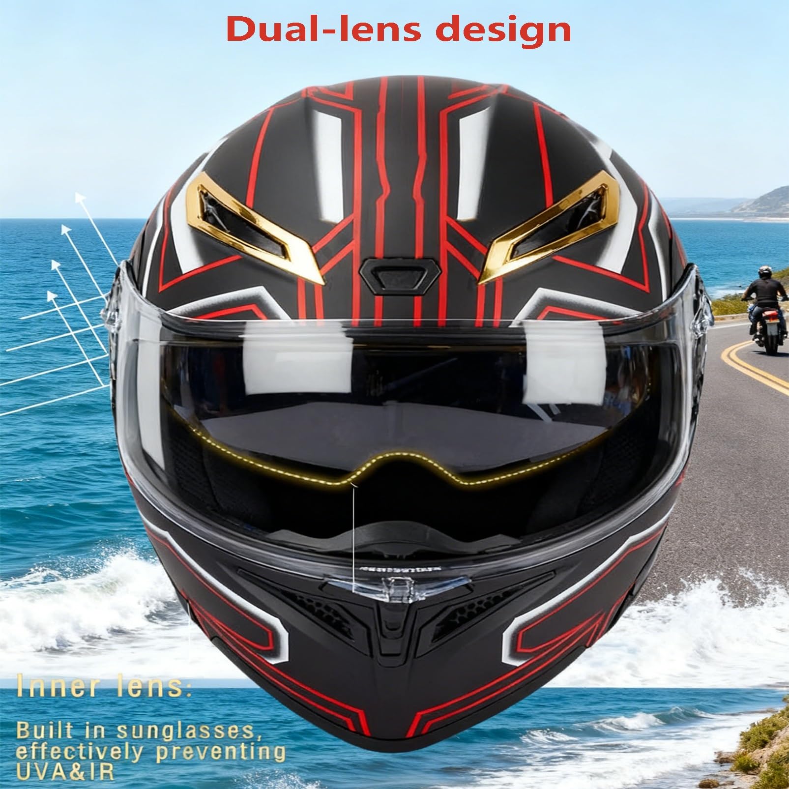 Modułowy Kask Integralny Motocyklowy Z Klapą – Podwójna Wizjera Słoneczna, Rękawice I Maska Antypyłowa, Dorośli Unisex, Na Całe Lata, Certyfikatem ECE/DOT – Cruiserów I Skuterów.
