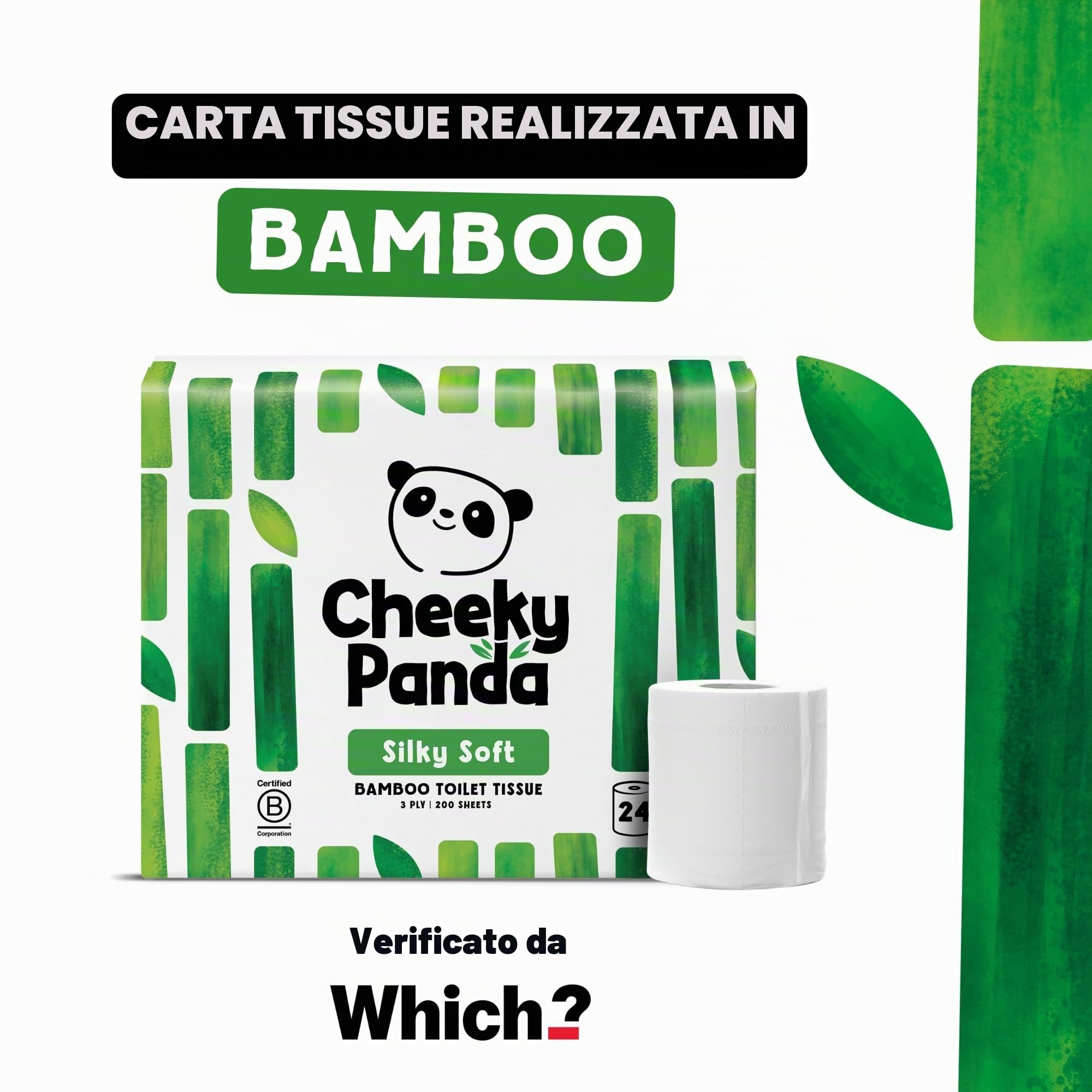 The Cheeky Panda Carta Igienica Bamboo | 24 x Rotoli Carta Igienica 3 Veli | 200 Soffici Fogli | Biodegradabile ed Ecológico | Senza plastica