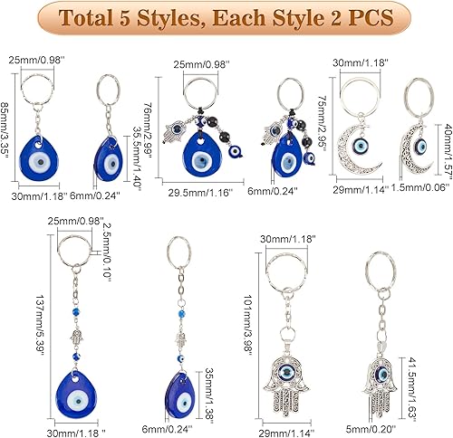 Miniatura 2 de AHANDMAKER 10 llaveros contra el mal de ojo, 5 estilos Hamsa, amuleto de ojo turco para buena suerte, pequeños colgantes para bolsas de automóvil,