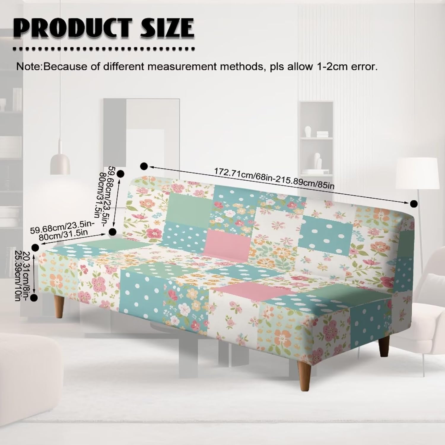 Armless Sofa Slipcover Non-Slip Spandex Futon Cover Soft Comfortable Sofa Bed Slipcover with Elastic Edge Furniture Protector for Pets Dogs Cats, Polka Dots Floral Patchwork Pattern