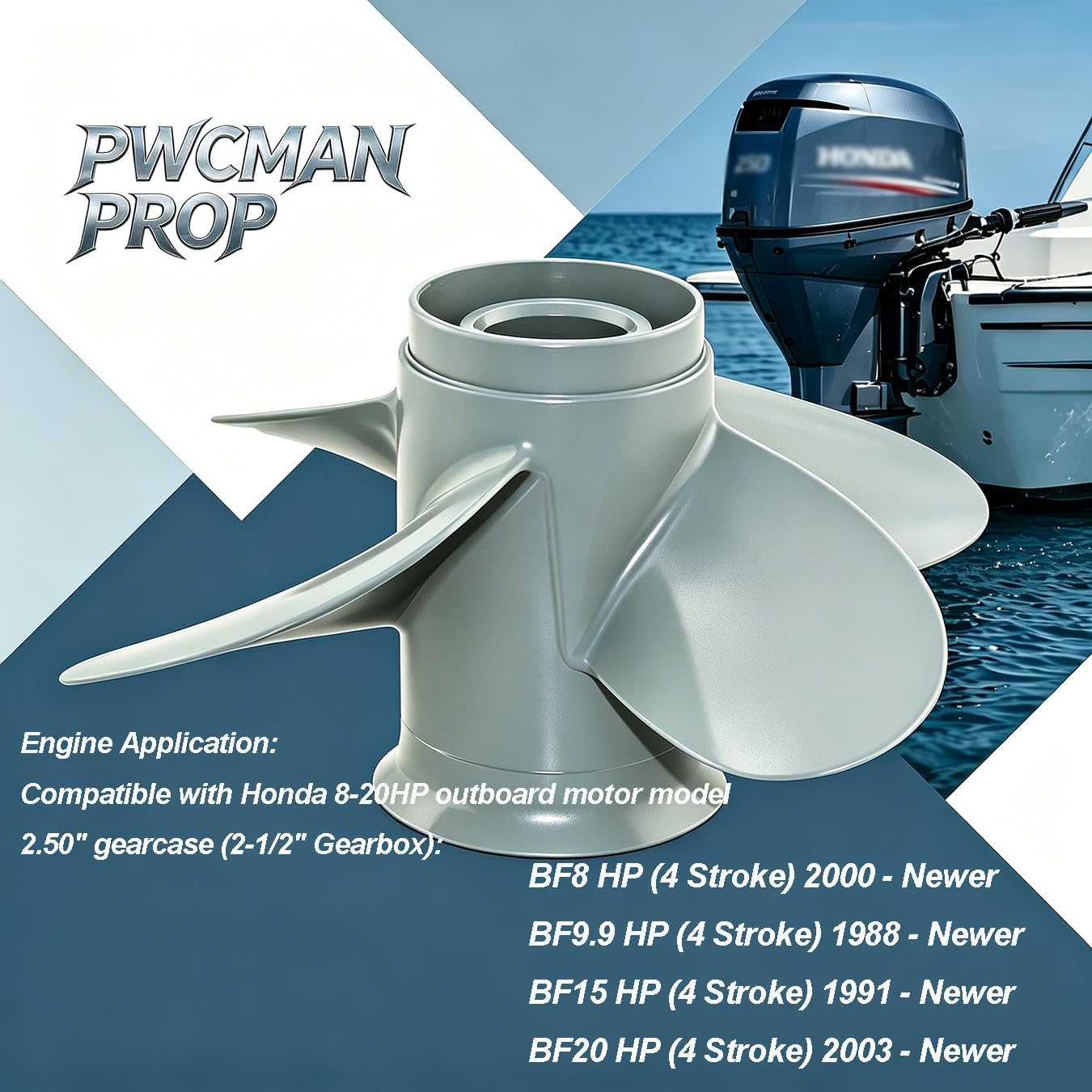Outboard Prop 9 1/4" x 10" Pitch (9.25"x10") 4 Blades for Honda/Yamaha BF8 BF9.9 BF15 BF20 HP Outboard Boat Motors, 8 Spline Tooth, Replaced for 58134-ZV4-010AH, 9.25x10p RH Aluminum Propeller