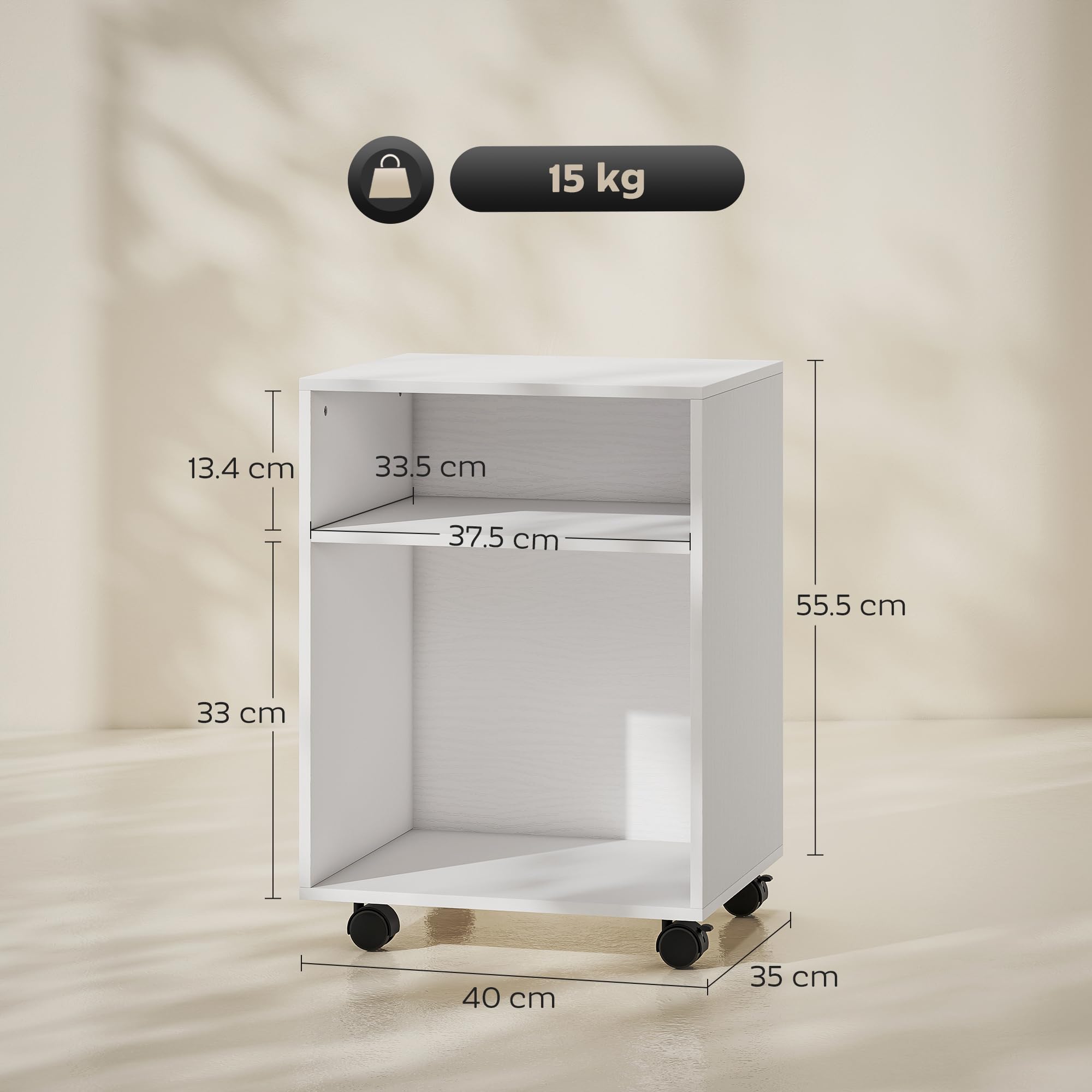 HOMCOM Porta Stampante con Ruote a Freno e 2 Ripiani Aperti, Mobile Stampante Moderno in Legno per Piccoli Spazi, per Ufficio e Studio, 40x35x55.5 cm, Bianco
